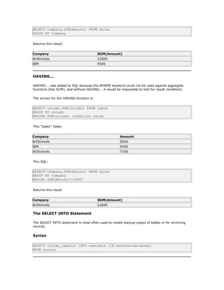 SELECT Company,SUM(Amount) FROM Sales
GROUP BY Company
Returns this result:
Company SUM(Amount)
W3Schools 12600
IBM 4500
HAVING...
HAVING... was added to SQL because the WHERE keyword could not be used against aggregate
functions (like SUM), and without HAVING... it would be impossible to test for result conditions.
The syntax for the HAVING function is:
SELECT column,SUM(column) FROM table
GROUP BY column
HAVING SUM(column) condition value
This "Sales" Table:
Company Amount
W3Schools 5500
IBM 4500
W3Schools 7100
This SQL:
SELECT Company,SUM(Amount) FROM Sales
GROUP BY Company
HAVING SUM(Amount)>10000
Returns this result
Company SUM(Amount)
W3Schools 12600
The SELECT INTO Statement
The SELECT INTO statement is most often used to create backup copies of tables or for archiving
records.
Syntax
SELECT column_name(s) INTO newtable [IN externaldatabase]
FROM source
 