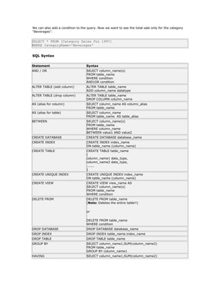 We can also add a condition to the query. Now we want to see the total sale only for the category
"Beverages":
SELECT * FROM [Category Sales For 1997]
WHERE CategoryName='Beverages'
SQL Syntax
Statement Syntax
AND / OR SELECT column_name(s)
FROM table_name
WHERE condition
AND|OR condition
ALTER TABLE (add column) ALTER TABLE table_name
ADD column_name datatype
ALTER TABLE (drop column) ALTER TABLE table_name
DROP COLUMN column_name
AS (alias for column) SELECT column_name AS column_alias
FROM table_name
AS (alias for table) SELECT column_name
FROM table_name AS table_alias
BETWEEN SELECT column_name(s)
FROM table_name
WHERE column_name
BETWEEN value1 AND value2
CREATE DATABASE CREATE DATABASE database_name
CREATE INDEX CREATE INDEX index_name
ON table_name (column_name)
CREATE TABLE CREATE TABLE table_name
(
column_name1 data_type,
column_name2 data_type,
.......
)
CREATE UNIQUE INDEX CREATE UNIQUE INDEX index_name
ON table_name (column_name)
CREATE VIEW CREATE VIEW view_name AS
SELECT column_name(s)
FROM table_name
WHERE condition
DELETE FROM DELETE FROM table_name
(Note: Deletes the entire table!!)
or
DELETE FROM table_name
WHERE condition
DROP DATABASE DROP DATABASE database_name
DROP INDEX DROP INDEX table_name.index_name
DROP TABLE DROP TABLE table_name
GROUP BY SELECT column_name1,SUM(column_name2)
FROM table_name
GROUP BY column_name1
HAVING SELECT column_name1,SUM(column_name2)
 