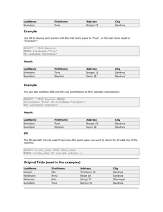 LastName FirstName Address City
Svendson Tove Borgvn 23 Sandnes
Example
Use OR to display each person with the first name equal to "Tove", or the last name equal to
"Svendson":
SELECT * FROM Persons
WHERE firstname='Tove'
OR lastname='Svendson'
Result:
LastName FirstName Address City
Svendson Tove Borgvn 23 Sandnes
Svendson Stephen Kaivn 18 Sandnes
Example
You can also combine AND and OR (use parentheses to form complex expressions):
SELECT * FROM Persons WHERE
(FirstName='Tove' OR FirstName='Stephen')
AND LastName='Svendson'
Result:
LastName FirstName Address City
Svendson Tove Borgvn 23 Sandnes
Svendson Stephen Kaivn 18 Sandnes
IN
The IN operator may be used if you know the exact value you want to return for at least one of the
columns.
SELECT column_name FROM table_name
WHERE column_name IN (value1,value2,..)
Original Table (used in the examples)
LastName FirstName Address City
Hansen Ola Timoteivn 10 Sandnes
Nordmann Anna Neset 18 Sandnes
Pettersen Kari Storgt 20 Stavanger
Svendson Tove Borgvn 23 Sandnes
 