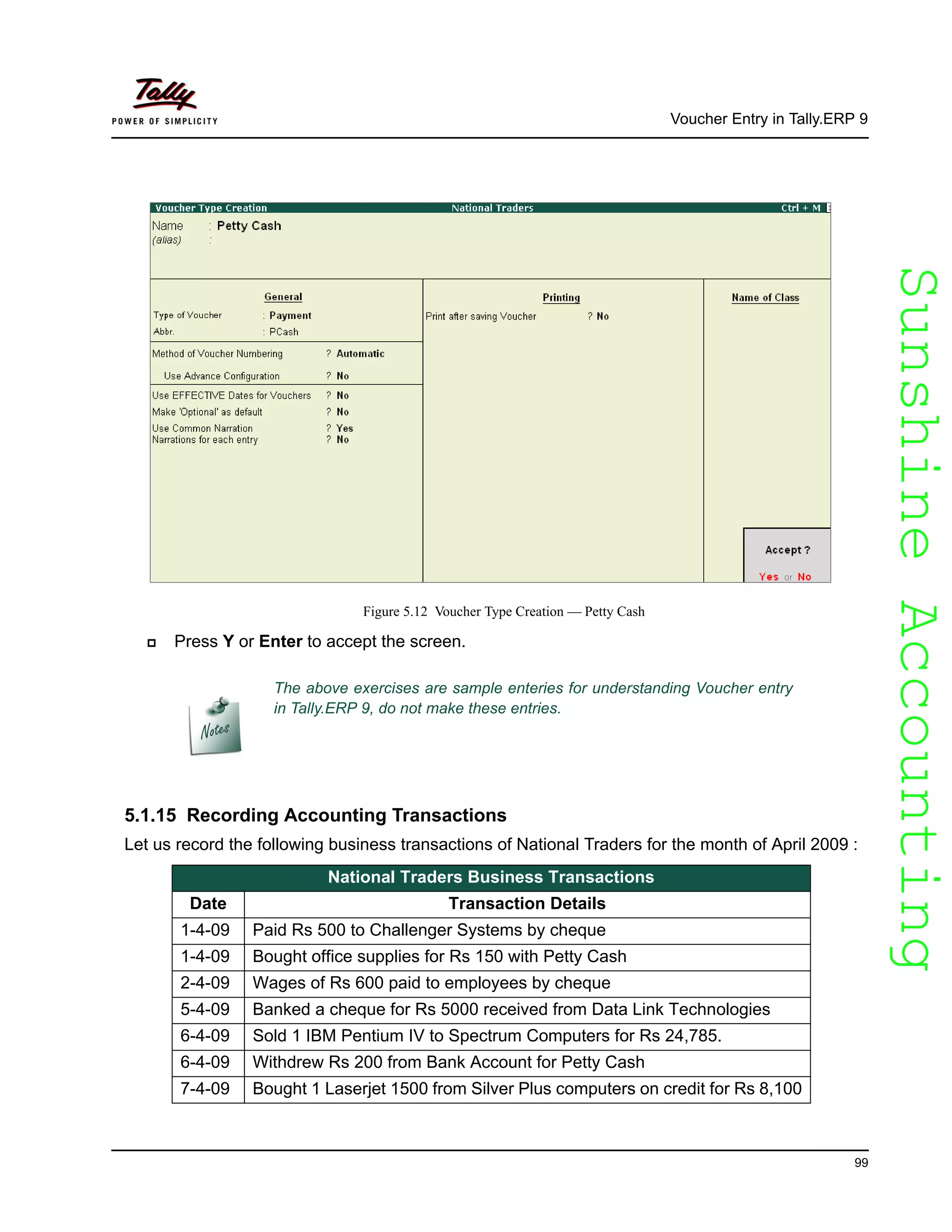 SunshineAccountingSunshineAccounting
Voucher Entry in Tally.ERP 9
99
Figure 5.12 Voucher Type Creation — Petty Cash
Press Y or Enter to accept the screen.
5.1.15 Recording Accounting Transactions
Let us record the following business transactions of National Traders for the month of April 2009 :
The above exercises are sample enteries for understanding Voucher entry
in Tally.ERP 9, do not make these entries.
National Traders Business Transactions
Date Transaction Details
1-4-09 Paid Rs 500 to Challenger Systems by cheque
1-4-09 Bought office supplies for Rs 150 with Petty Cash
2-4-09 Wages of Rs 600 paid to employees by cheque
5-4-09 Banked a cheque for Rs 5000 received from Data Link Technologies
6-4-09 Sold 1 IBM Pentium IV to Spectrum Computers for Rs 24,785.
6-4-09 Withdrew Rs 200 from Bank Account for Petty Cash
7-4-09 Bought 1 Laserjet 1500 from Silver Plus computers on credit for Rs 8,100
 