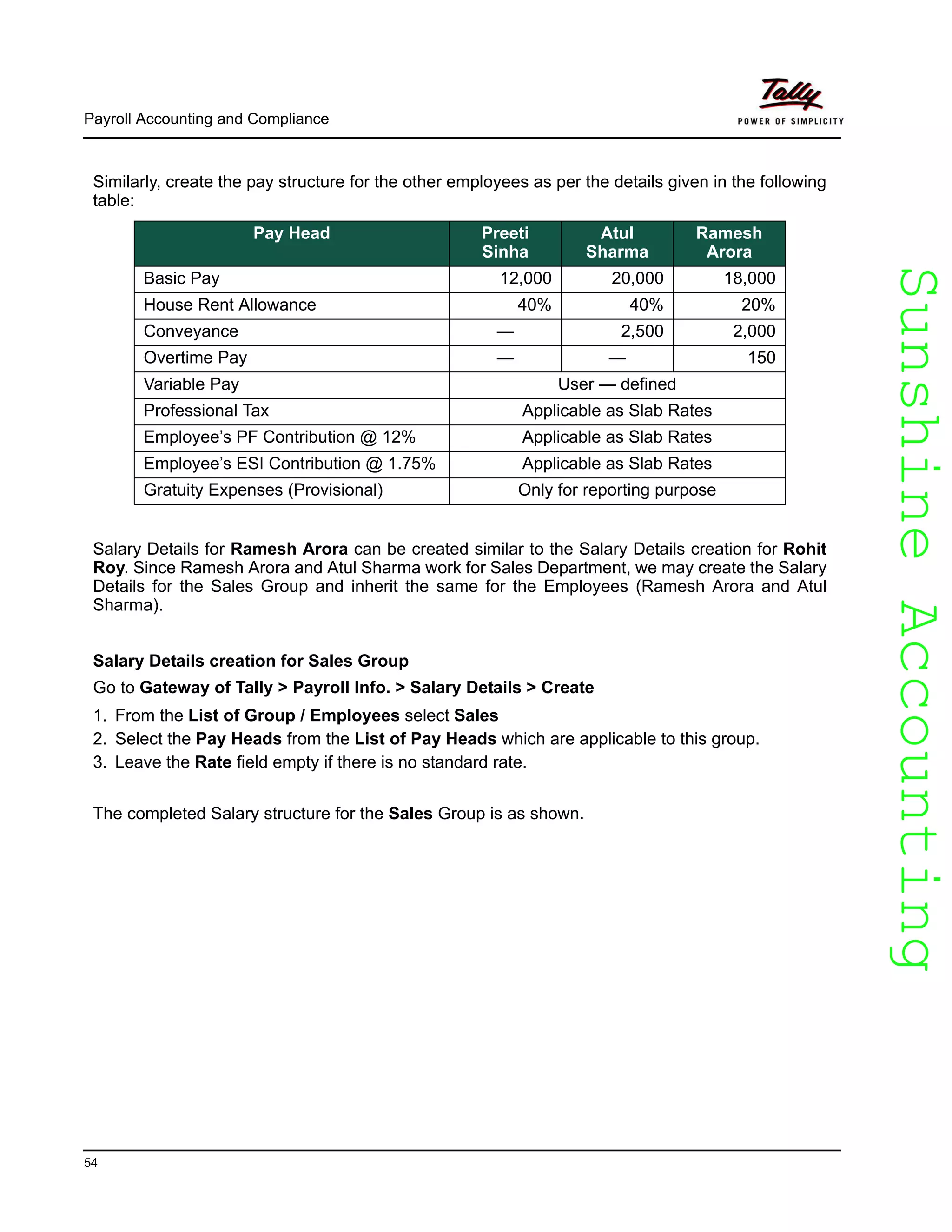 SunshineAccountingSunshineAccounting
Payroll Accounting and Compliance
54
Similarly, create the pay structure for the other employees as per the details given in the following
table:
Salary Details for Ramesh Arora can be created similar to the Salary Details creation for Rohit
Roy. Since Ramesh Arora and Atul Sharma work for Sales Department, we may create the Salary
Details for the Sales Group and inherit the same for the Employees (Ramesh Arora and Atul
Sharma).
Salary Details creation for Sales Group
Go to Gateway of Tally > Payroll Info. > Salary Details > Create
1. From the List of Group / Employees select Sales
2. Select the Pay Heads from the List of Pay Heads which are applicable to this group.
3. Leave the Rate field empty if there is no standard rate.
The completed Salary structure for the Sales Group is as shown.
Pay Head Preeti
Sinha
Atul
Sharma
Ramesh
Arora
Basic Pay 12,000 20,000 18,000
House Rent Allowance 40% 40% 20%
Conveyance — 2,500 2,000
Overtime Pay — — 150
Variable Pay User — defined
Professional Tax Applicable as Slab Rates
Employee’s PF Contribution @ 12% Applicable as Slab Rates
Employee’s ESI Contribution @ 1.75% Applicable as Slab Rates
Gratuity Expenses (Provisional) Only for reporting purpose
 