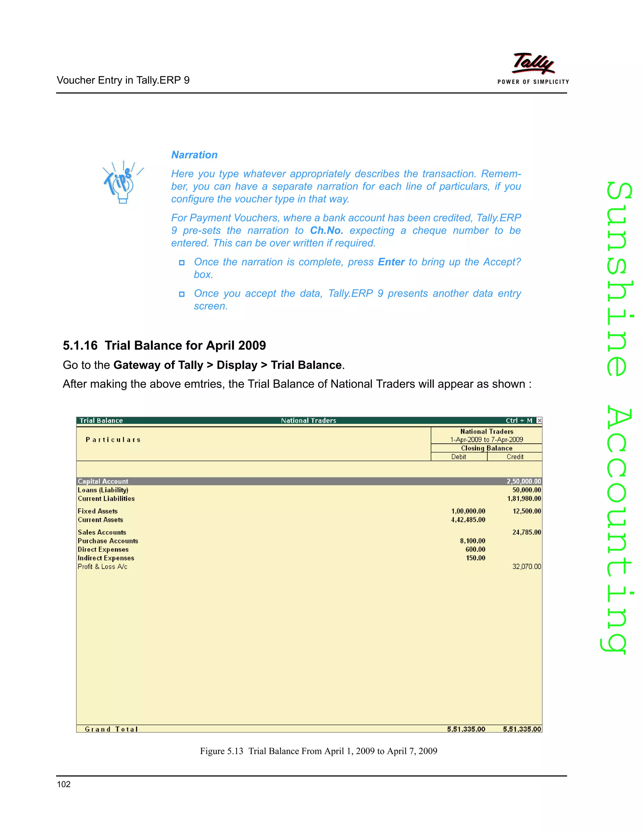 SunshineAccountingSunshineAccounting
Voucher Entry in Tally.ERP 9
102
5.1.16 Trial Balance for April 2009
Go to the Gateway of Tally > Display > Trial Balance.
After making the above emtries, the Trial Balance of National Traders will appear as shown :
Figure 5.13 Trial Balance From April 1, 2009 to April 7, 2009
Narration
Here you type whatever appropriately describes the transaction. Remem-
ber, you can have a separate narration for each line of particulars, if you
configure the voucher type in that way.
For Payment Vouchers, where a bank account has been credited, Tally.ERP
9 pre-sets the narration to Ch.No. expecting a cheque number to be
entered. This can be over written if required.
Once the narration is complete, press Enter to bring up the Accept?
box.
Once you accept the data, Tally.ERP 9 presents another data entry
screen.
 