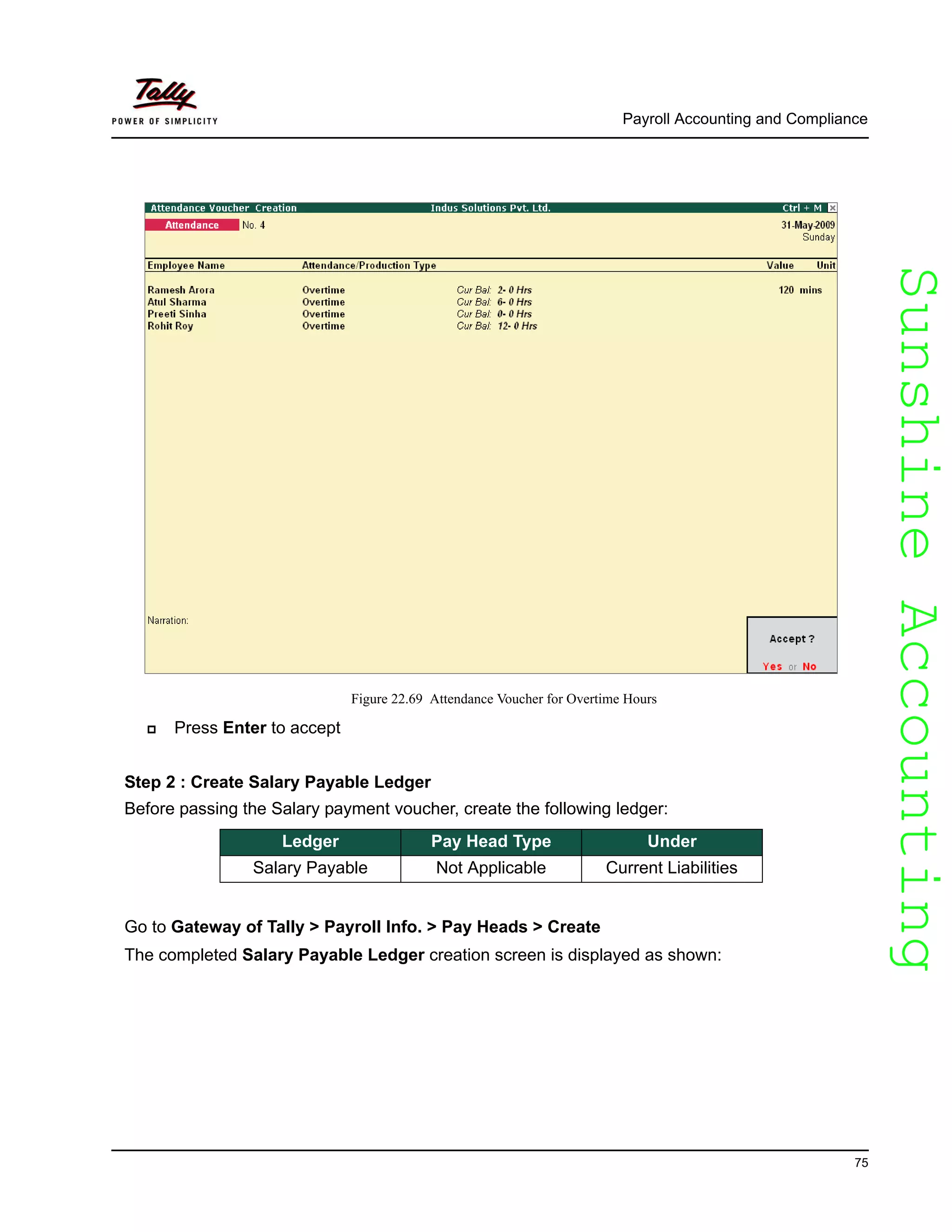 SunshineAccountingSunshineAccounting
Payroll Accounting and Compliance
75
Figure 22.69 Attendance Voucher for Overtime Hours
Press Enter to accept
Step 2 : Create Salary Payable Ledger
Before passing the Salary payment voucher, create the following ledger:
Go to Gateway of Tally > Payroll Info. > Pay Heads > Create
The completed Salary Payable Ledger creation screen is displayed as shown:
Ledger Pay Head Type Under
Salary Payable Not Applicable Current Liabilities
 