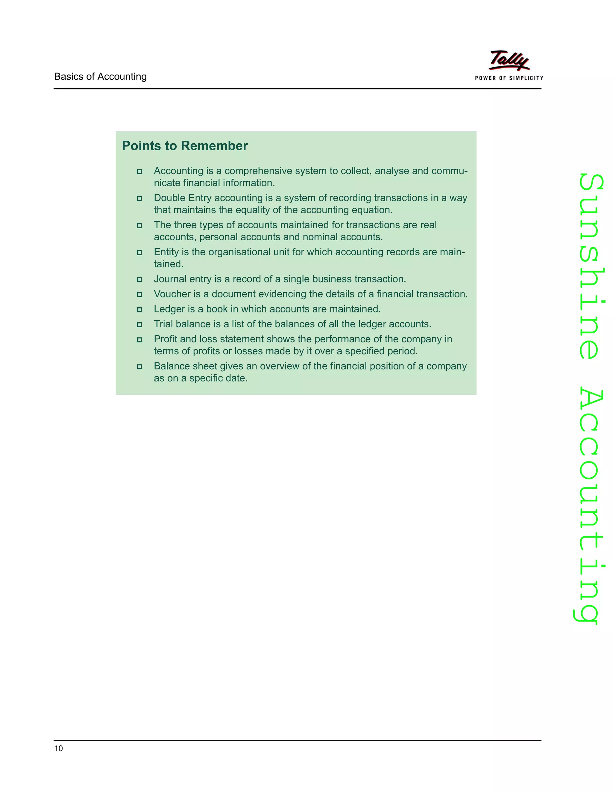 SunshineAccountingSunshineAccounting
Basics of Accounting
10
Points to Remember
Accounting is a comprehensive system to collect, analyse and commu-
nicate financial information.
Double Entry accounting is a system of recording transactions in a way
that maintains the equality of the accounting equation.
The three types of accounts maintained for transactions are real
accounts, personal accounts and nominal accounts.
Entity is the organisational unit for which accounting records are main-
tained.
Journal entry is a record of a single business transaction.
Voucher is a document evidencing the details of a financial transaction.
Ledger is a book in which accounts are maintained.
Trial balance is a list of the balances of all the ledger accounts.
Profit and loss statement shows the performance of the company in
terms of profits or losses made by it over a specified period.
Balance sheet gives an overview of the financial position of a company
as on a specific date.
 