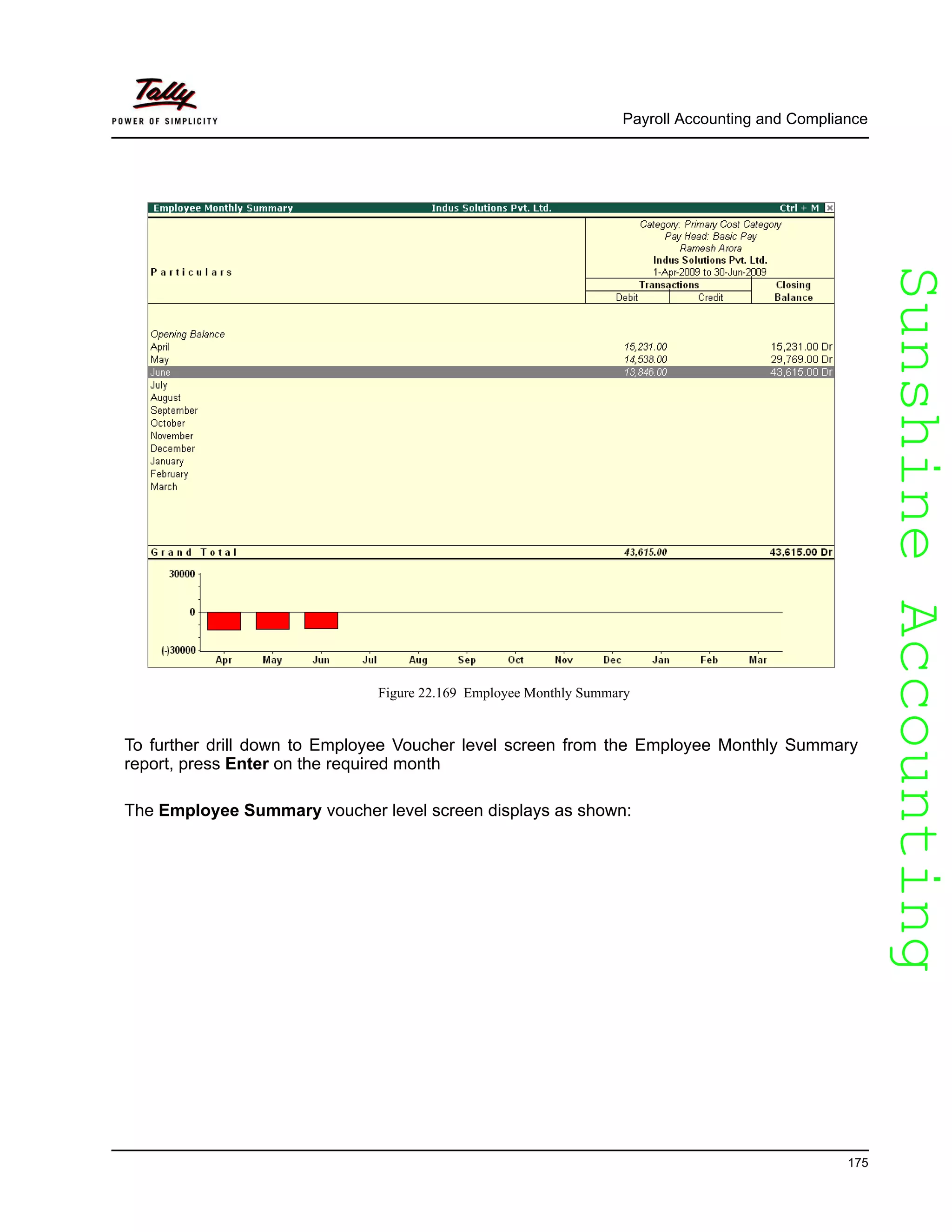 SunshineAccountingSunshineAccounting
Payroll Accounting and Compliance
175
Figure 22.169 Employee Monthly Summary
To further drill down to Employee Voucher level screen from the Employee Monthly Summary
report, press Enter on the required month
The Employee Summary voucher level screen displays as shown:
 