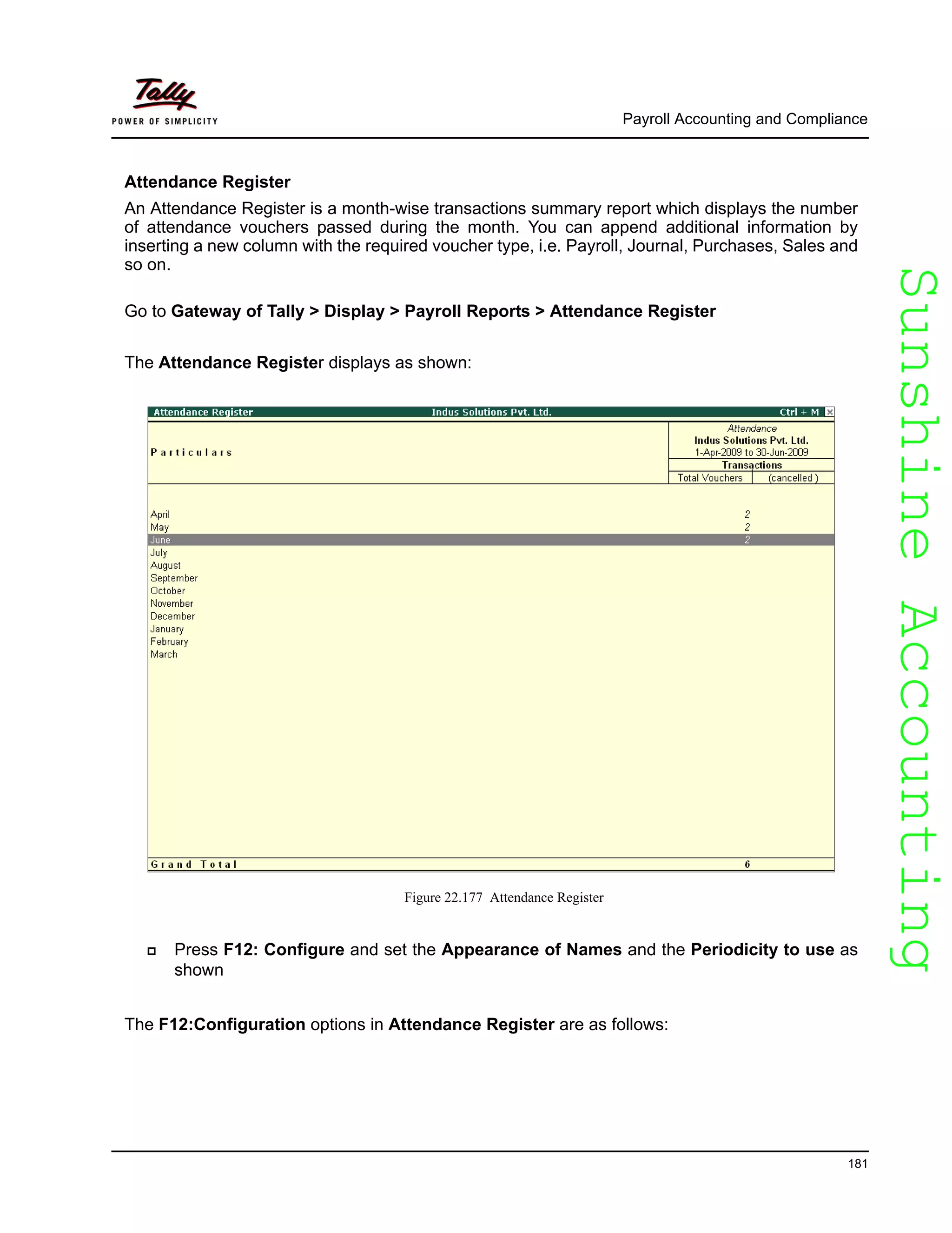 SunshineAccountingSunshineAccounting
Payroll Accounting and Compliance
181
Attendance Register
An Attendance Register is a month-wise transactions summary report which displays the number
of attendance vouchers passed during the month. You can append additional information by
inserting a new column with the required voucher type, i.e. Payroll, Journal, Purchases, Sales and
so on.
Go to Gateway of Tally > Display > Payroll Reports > Attendance Register
The Attendance Register displays as shown:
Figure 22.177 Attendance Register
Press F12: Configure and set the Appearance of Names and the Periodicity to use as
shown
The F12:Configuration options in Attendance Register are as follows:
 