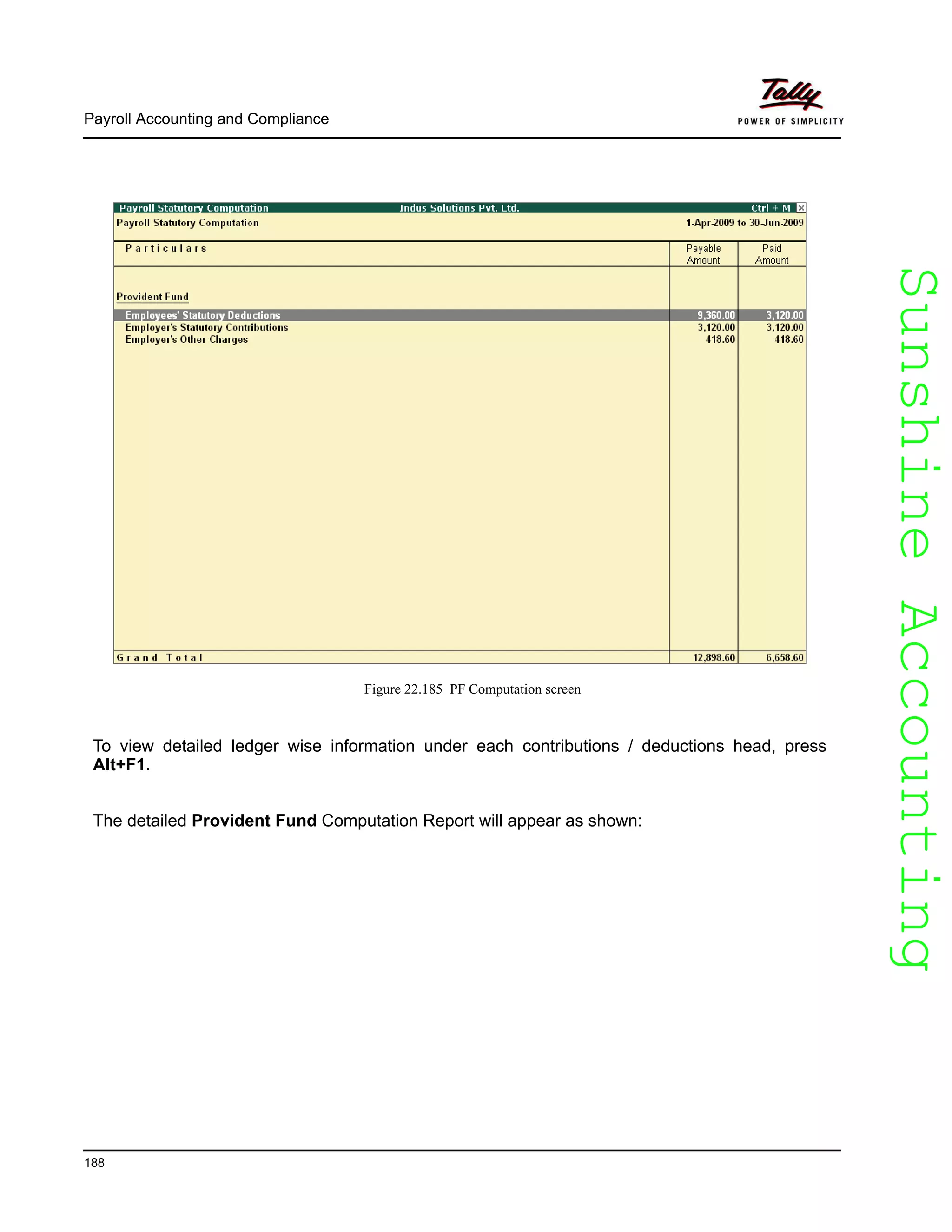 SunshineAccountingSunshineAccounting
Payroll Accounting and Compliance
188
Figure 22.185 PF Computation screen
To view detailed ledger wise information under each contributions / deductions head, press
Alt+F1.
The detailed Provident Fund Computation Report will appear as shown:
 