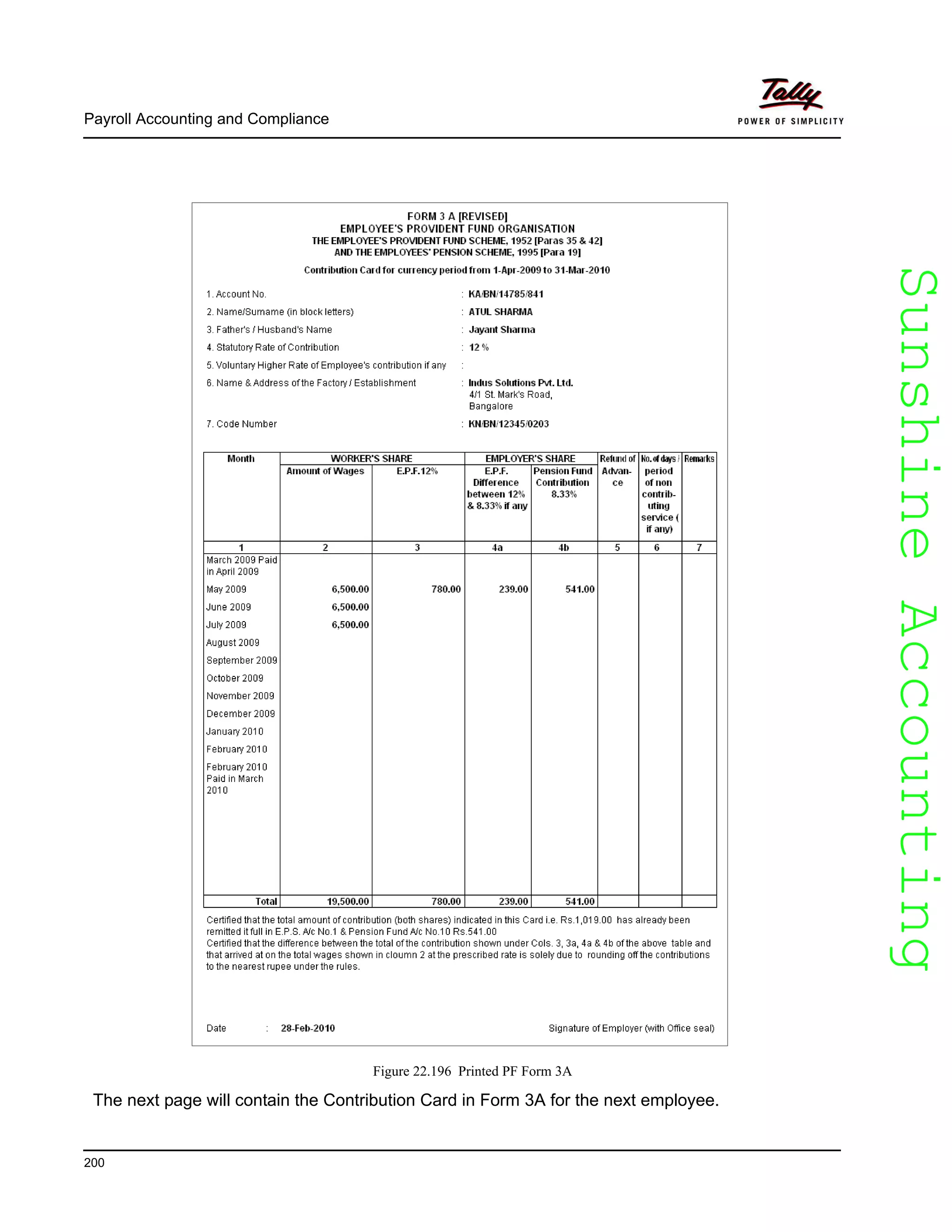 SunshineAccountingSunshineAccounting
Payroll Accounting and Compliance
200
Figure 22.196 Printed PF Form 3A
The next page will contain the Contribution Card in Form 3A for the next employee.
 