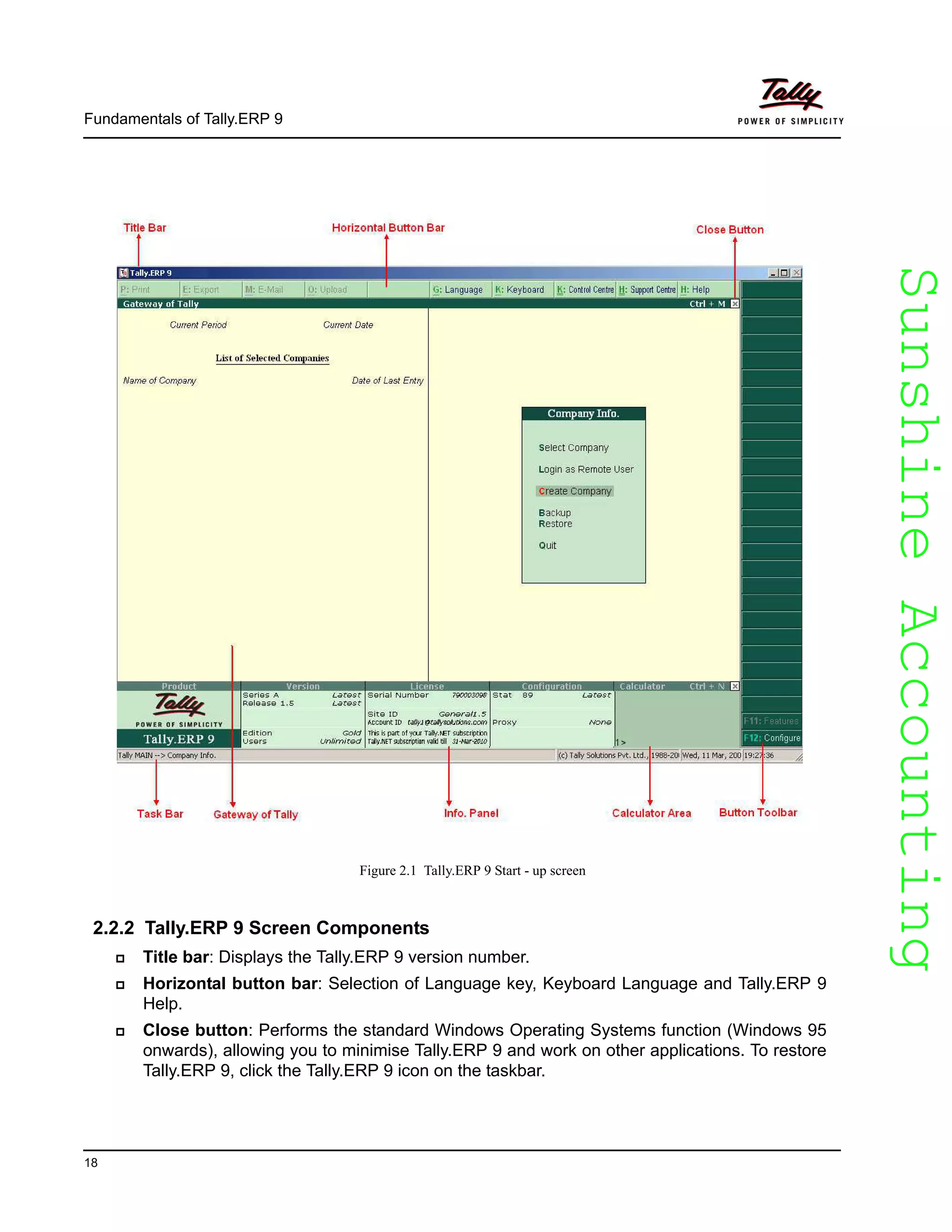 SunshineAccountingSunshineAccounting
Fundamentals of Tally.ERP 9
18
Figure 2.1 Tally.ERP 9 Start - up screen
2.2.2 Tally.ERP 9 Screen Components
Title bar: Displays the Tally.ERP 9 version number.
Horizontal button bar: Selection of Language key, Keyboard Language and Tally.ERP 9
Help.
Close button: Performs the standard Windows Operating Systems function (Windows 95
onwards), allowing you to minimise Tally.ERP 9 and work on other applications. To restore
Tally.ERP 9, click the Tally.ERP 9 icon on the taskbar.
 