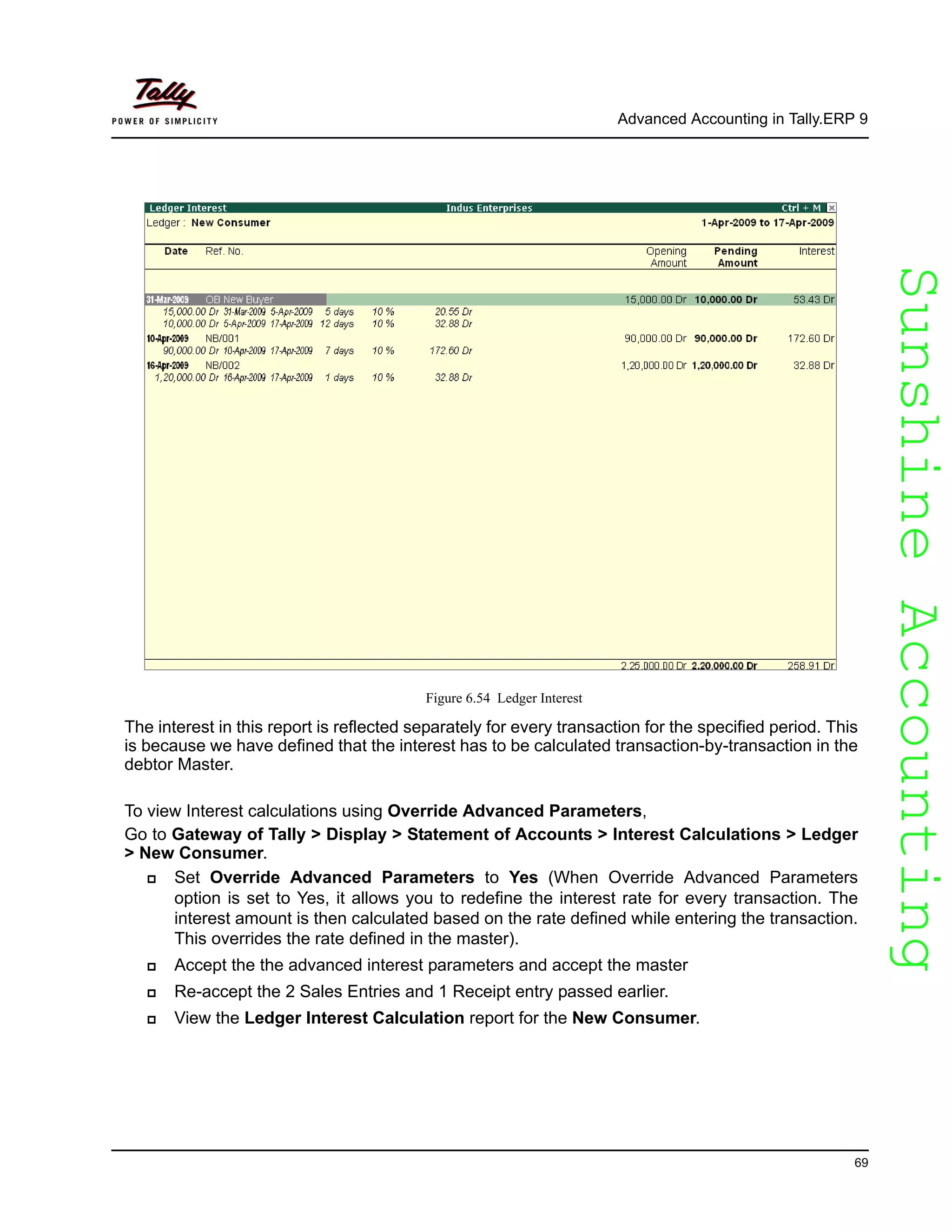 SunshineAccountingSunshineAccounting
Advanced Accounting in Tally.ERP 9
69
Figure 6.54 Ledger Interest
The interest in this report is reflected separately for every transaction for the specified period. This
is because we have defined that the interest has to be calculated transaction-by-transaction in the
debtor Master.
To view Interest calculations using Override Advanced Parameters,
Go to Gateway of Tally > Display > Statement of Accounts > Interest Calculations > Ledger
> New Consumer.
Set Override Advanced Parameters to Yes (When Override Advanced Parameters
option is set to Yes, it allows you to redefine the interest rate for every transaction. The
interest amount is then calculated based on the rate defined while entering the transaction.
This overrides the rate defined in the master).
Accept the the advanced interest parameters and accept the master
Re-accept the 2 Sales Entries and 1 Receipt entry passed earlier.
View the Ledger Interest Calculation report for the New Consumer.
 