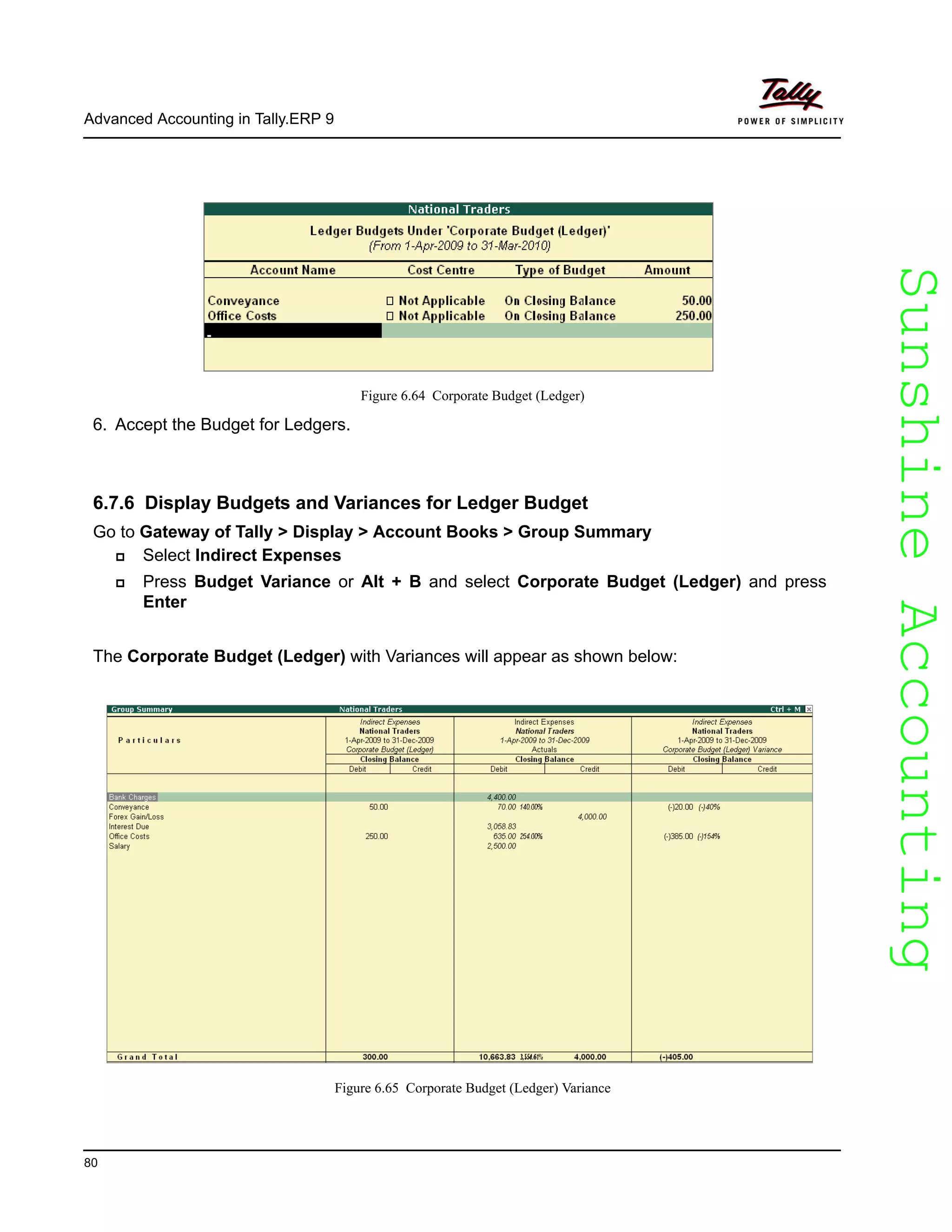 SunshineAccountingSunshineAccounting
Advanced Accounting in Tally.ERP 9
80
Figure 6.64 Corporate Budget (Ledger)
6. Accept the Budget for Ledgers.
6.7.6 Display Budgets and Variances for Ledger Budget
Go to Gateway of Tally > Display > Account Books > Group Summary
Select Indirect Expenses
Press Budget Variance or Alt + B and select Corporate Budget (Ledger) and press
Enter
The Corporate Budget (Ledger) with Variances will appear as shown below:
Figure 6.65 Corporate Budget (Ledger) Variance
 