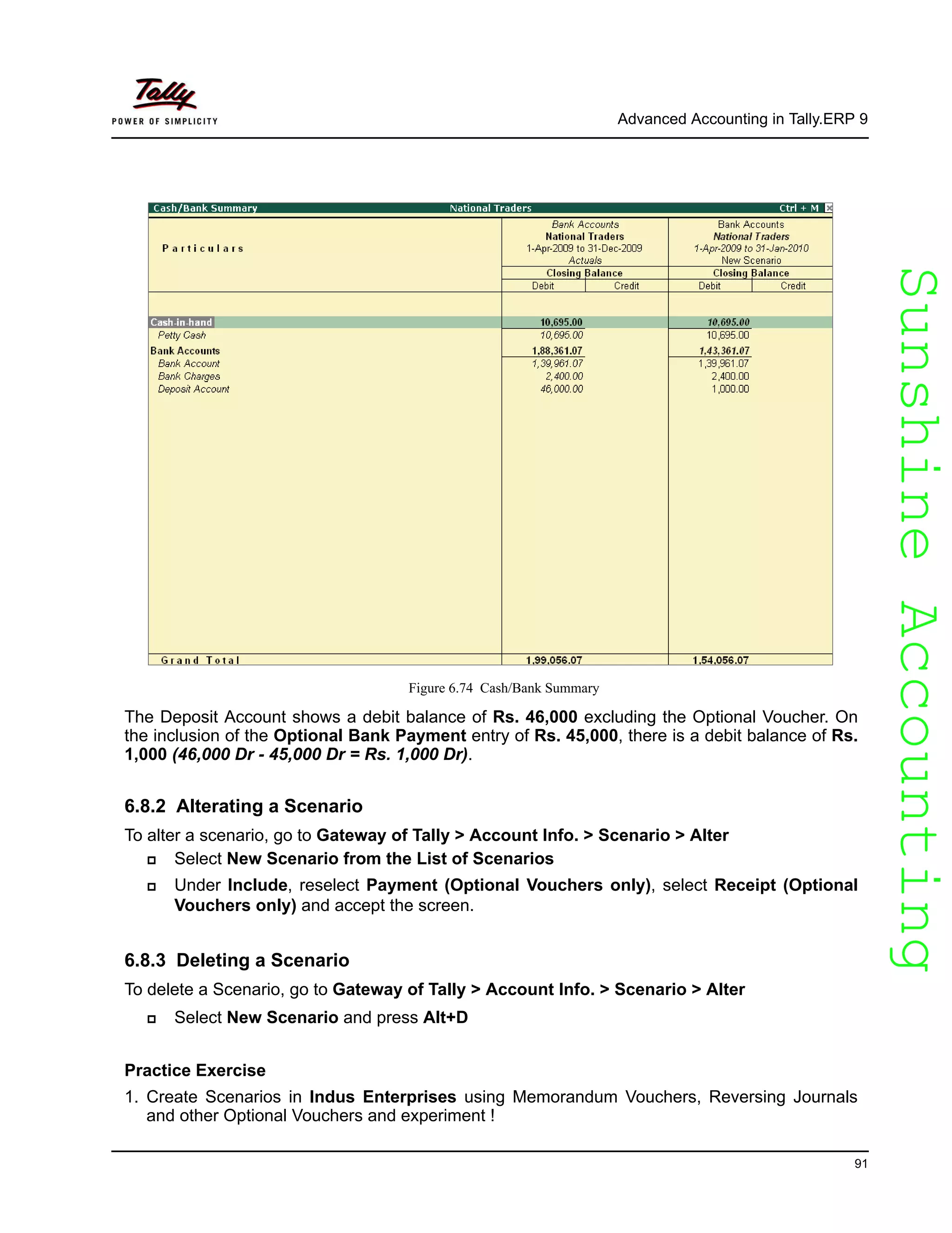 SunshineAccountingSunshineAccounting
Advanced Accounting in Tally.ERP 9
91
Figure 6.74 Cash/Bank Summary
The Deposit Account shows a debit balance of Rs. 46,000 excluding the Optional Voucher. On
the inclusion of the Optional Bank Payment entry of Rs. 45,000, there is a debit balance of Rs.
1,000 (46,000 Dr - 45,000 Dr = Rs. 1,000 Dr).
6.8.2 Alterating a Scenario
To alter a scenario, go to Gateway of Tally > Account Info. > Scenario > Alter
Select New Scenario from the List of Scenarios
Under Include, reselect Payment (Optional Vouchers only), select Receipt (Optional
Vouchers only) and accept the screen.
6.8.3 Deleting a Scenario
To delete a Scenario, go to Gateway of Tally > Account Info. > Scenario > Alter
Select New Scenario and press Alt+D
Practice Exercise
1. Create Scenarios in Indus Enterprises using Memorandum Vouchers, Reversing Journals
and other Optional Vouchers and experiment !
 