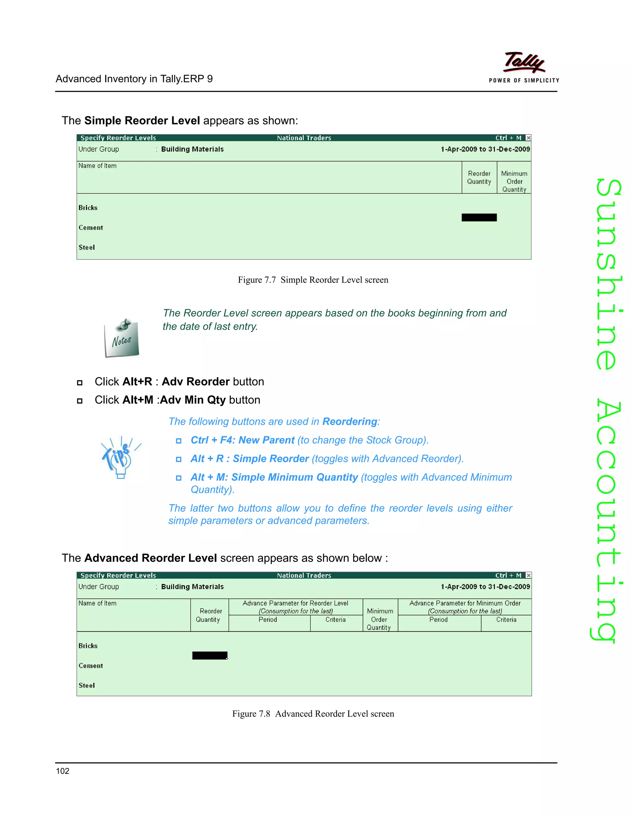 SunshineAccountingSunshineAccounting
Advanced Inventory in Tally.ERP 9
102
The Simple Reorder Level appears as shown:
Figure 7.7 Simple Reorder Level screen
Click Alt+R : Adv Reorder button
Click Alt+M :Adv Min Qty button
The Advanced Reorder Level screen appears as shown below :
Figure 7.8 Advanced Reorder Level screen
The Reorder Level screen appears based on the books beginning from and
the date of last entry.
The following buttons are used in Reordering:
Ctrl + F4: New Parent (to change the Stock Group).
Alt + R : Simple Reorder (toggles with Advanced Reorder).
Alt + M: Simple Minimum Quantity (toggles with Advanced Minimum
Quantity).
The latter two buttons allow you to define the reorder levels using either
simple parameters or advanced parameters.
 