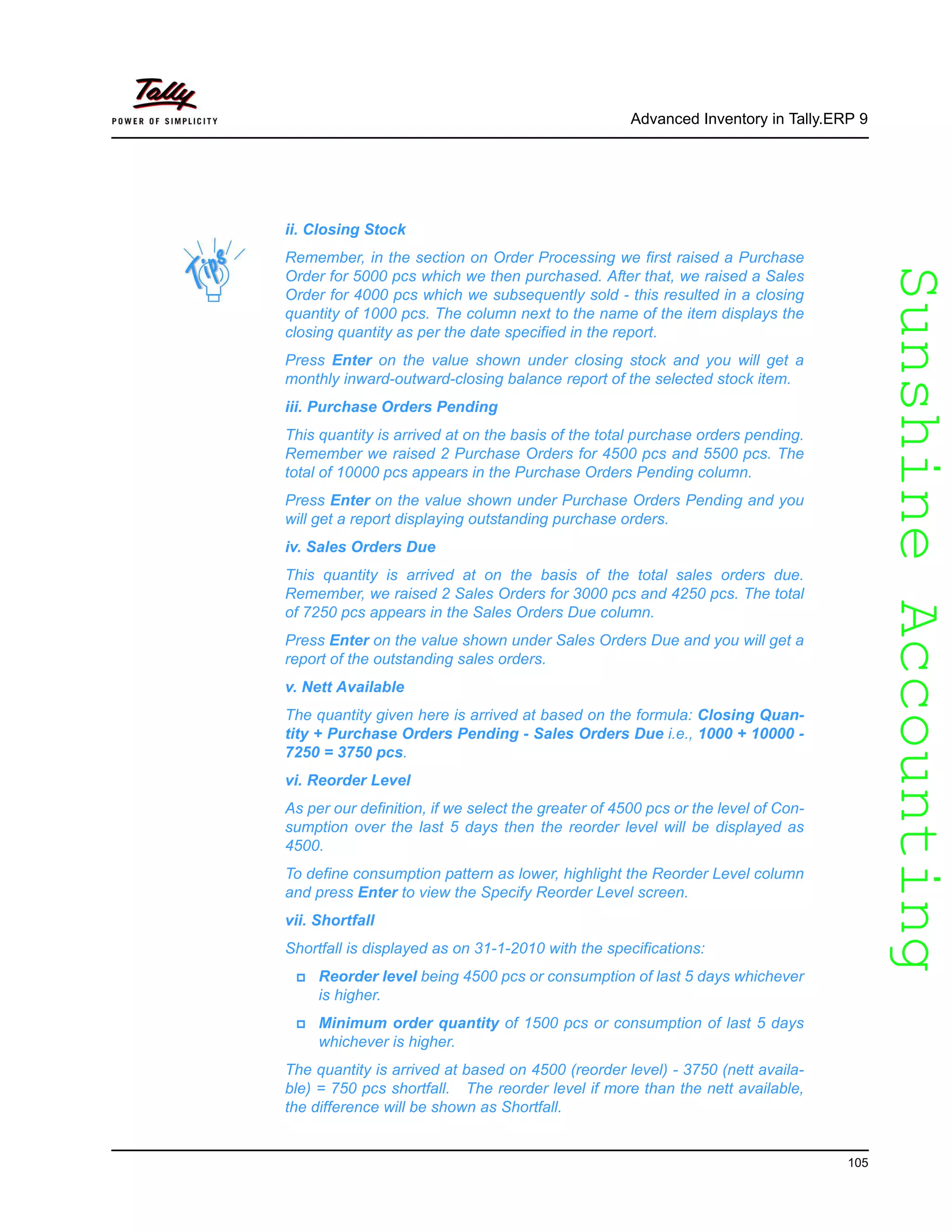 SunshineAccountingSunshineAccounting
Advanced Inventory in Tally.ERP 9
105
ii. Closing Stock
Remember, in the section on Order Processing we first raised a Purchase
Order for 5000 pcs which we then purchased. After that, we raised a Sales
Order for 4000 pcs which we subsequently sold - this resulted in a closing
quantity of 1000 pcs. The column next to the name of the item displays the
closing quantity as per the date specified in the report.
Press Enter on the value shown under closing stock and you will get a
monthly inward-outward-closing balance report of the selected stock item.
iii. Purchase Orders Pending
This quantity is arrived at on the basis of the total purchase orders pending.
Remember we raised 2 Purchase Orders for 4500 pcs and 5500 pcs. The
total of 10000 pcs appears in the Purchase Orders Pending column.
Press Enter on the value shown under Purchase Orders Pending and you
will get a report displaying outstanding purchase orders.
iv. Sales Orders Due
This quantity is arrived at on the basis of the total sales orders due.
Remember, we raised 2 Sales Orders for 3000 pcs and 4250 pcs. The total
of 7250 pcs appears in the Sales Orders Due column.
Press Enter on the value shown under Sales Orders Due and you will get a
report of the outstanding sales orders.
v. Nett Available
The quantity given here is arrived at based on the formula: Closing Quan-
tity + Purchase Orders Pending - Sales Orders Due i.e., 1000 + 10000 -
7250 = 3750 pcs.
vi. Reorder Level
As per our definition, if we select the greater of 4500 pcs or the level of Con-
sumption over the last 5 days then the reorder level will be displayed as
4500.
To define consumption pattern as lower, highlight the Reorder Level column
and press Enter to view the Specify Reorder Level screen.
vii. Shortfall
Shortfall is displayed as on 31-1-2010 with the specifications:
Reorder level being 4500 pcs or consumption of last 5 days whichever
is higher.
Minimum order quantity of 1500 pcs or consumption of last 5 days
whichever is higher.
The quantity is arrived at based on 4500 (reorder level) - 3750 (nett availa-
ble) = 750 pcs shortfall. The reorder level if more than the nett available,
the difference will be shown as Shortfall.
 