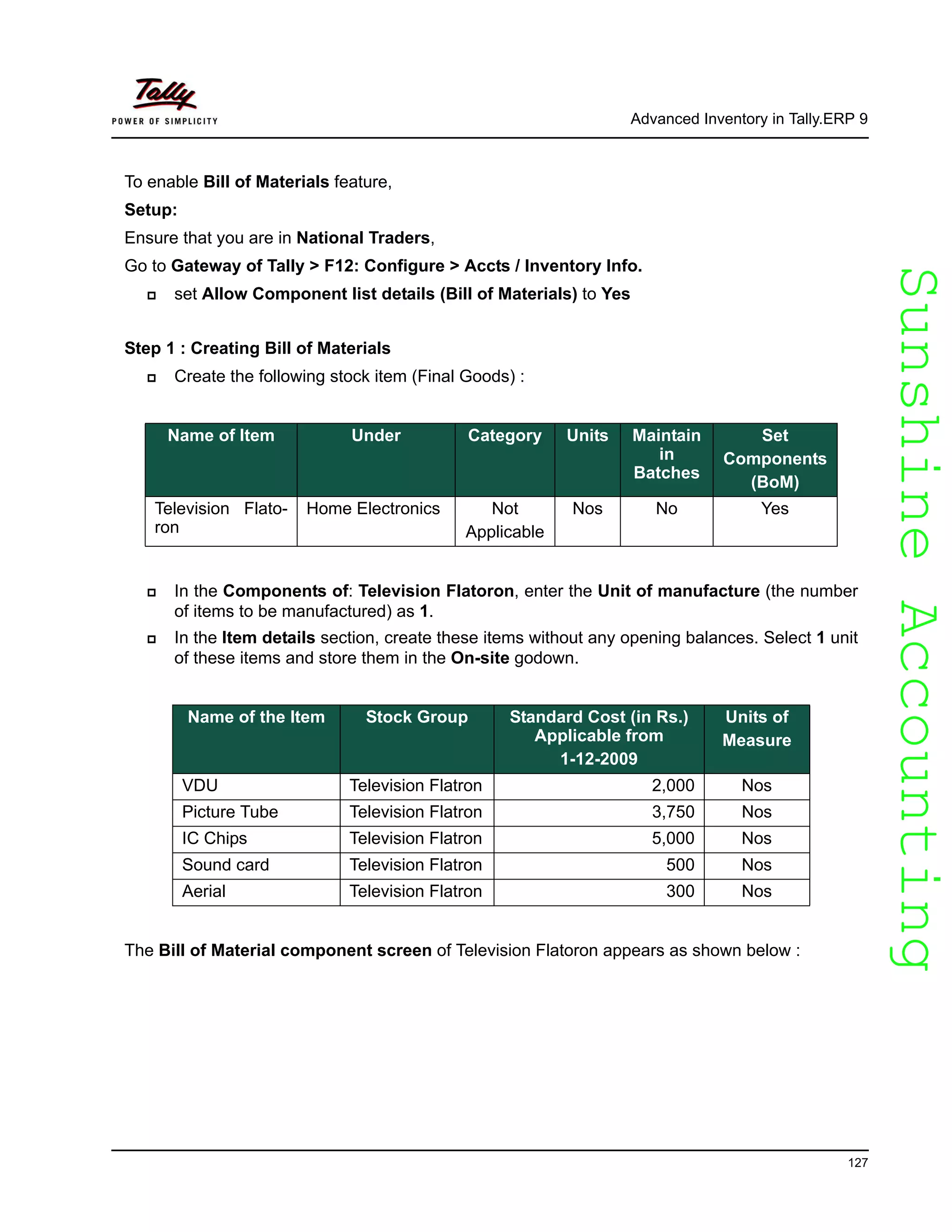 SunshineAccountingSunshineAccounting
Advanced Inventory in Tally.ERP 9
127
To enable Bill of Materials feature,
Setup:
Ensure that you are in National Traders,
Go to Gateway of Tally > F12: Configure > Accts / Inventory Info.
set Allow Component list details (Bill of Materials) to Yes
Step 1 : Creating Bill of Materials
Create the following stock item (Final Goods) :
In the Components of: Television Flatoron, enter the Unit of manufacture (the number
of items to be manufactured) as 1.
In the Item details section, create these items without any opening balances. Select 1 unit
of these items and store them in the On-site godown.
The Bill of Material component screen of Television Flatoron appears as shown below :
Name of Item Under Category Units Maintain
in
Batches
Set
Components
(BoM)
Television Flato-
ron
Home Electronics Not
Applicable
Nos No Yes
Name of the Item Stock Group Standard Cost (in Rs.)
Applicable from
1-12-2009
Units of
Measure
VDU Television Flatron 2,000 Nos
Picture Tube Television Flatron 3,750 Nos
IC Chips Television Flatron 5,000 Nos
Sound card Television Flatron 500 Nos
Aerial Television Flatron 300 Nos
 