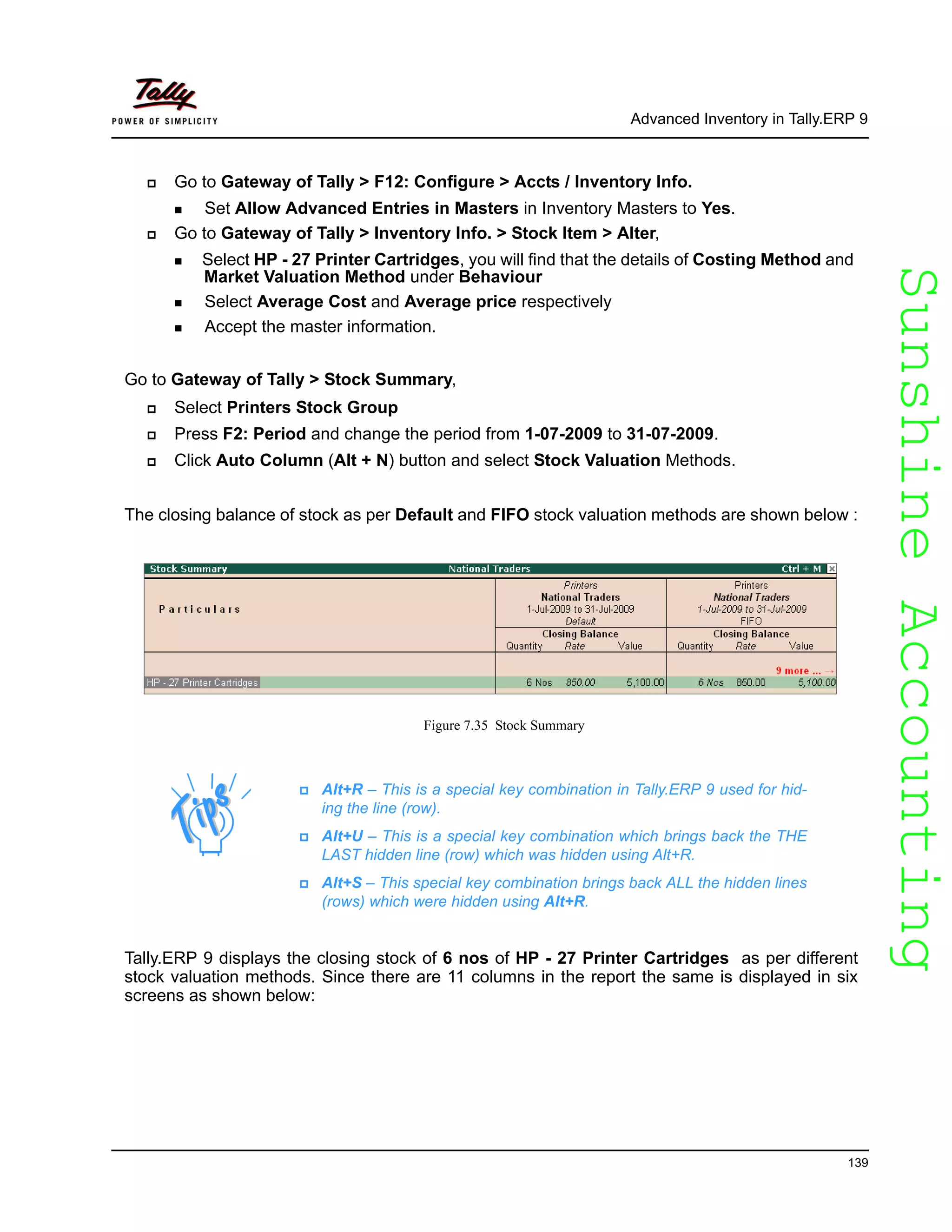 SunshineAccountingSunshineAccounting
Advanced Inventory in Tally.ERP 9
139
Go to Gateway of Tally > F12: Configure > Accts / Inventory Info.
Set Allow Advanced Entries in Masters in Inventory Masters to Yes.
Go to Gateway of Tally > Inventory Info. > Stock Item > Alter,
Select HP - 27 Printer Cartridges, you will find that the details of Costing Method and
Market Valuation Method under Behaviour
Select Average Cost and Average price respectively
Accept the master information.
Go to Gateway of Tally > Stock Summary,
Select Printers Stock Group
Press F2: Period and change the period from 1-07-2009 to 31-07-2009.
Click Auto Column (Alt + N) button and select Stock Valuation Methods.
The closing balance of stock as per Default and FIFO stock valuation methods are shown below :
Figure 7.35 Stock Summary
Tally.ERP 9 displays the closing stock of 6 nos of HP - 27 Printer Cartridges as per different
stock valuation methods. Since there are 11 columns in the report the same is displayed in six
screens as shown below:
Alt+R – This is a special key combination in Tally.ERP 9 used for hid-
ing the line (row).
Alt+U – This is a special key combination which brings back the THE
LAST hidden line (row) which was hidden using Alt+R.
Alt+S – This special key combination brings back ALL the hidden lines
(rows) which were hidden using Alt+R.
 