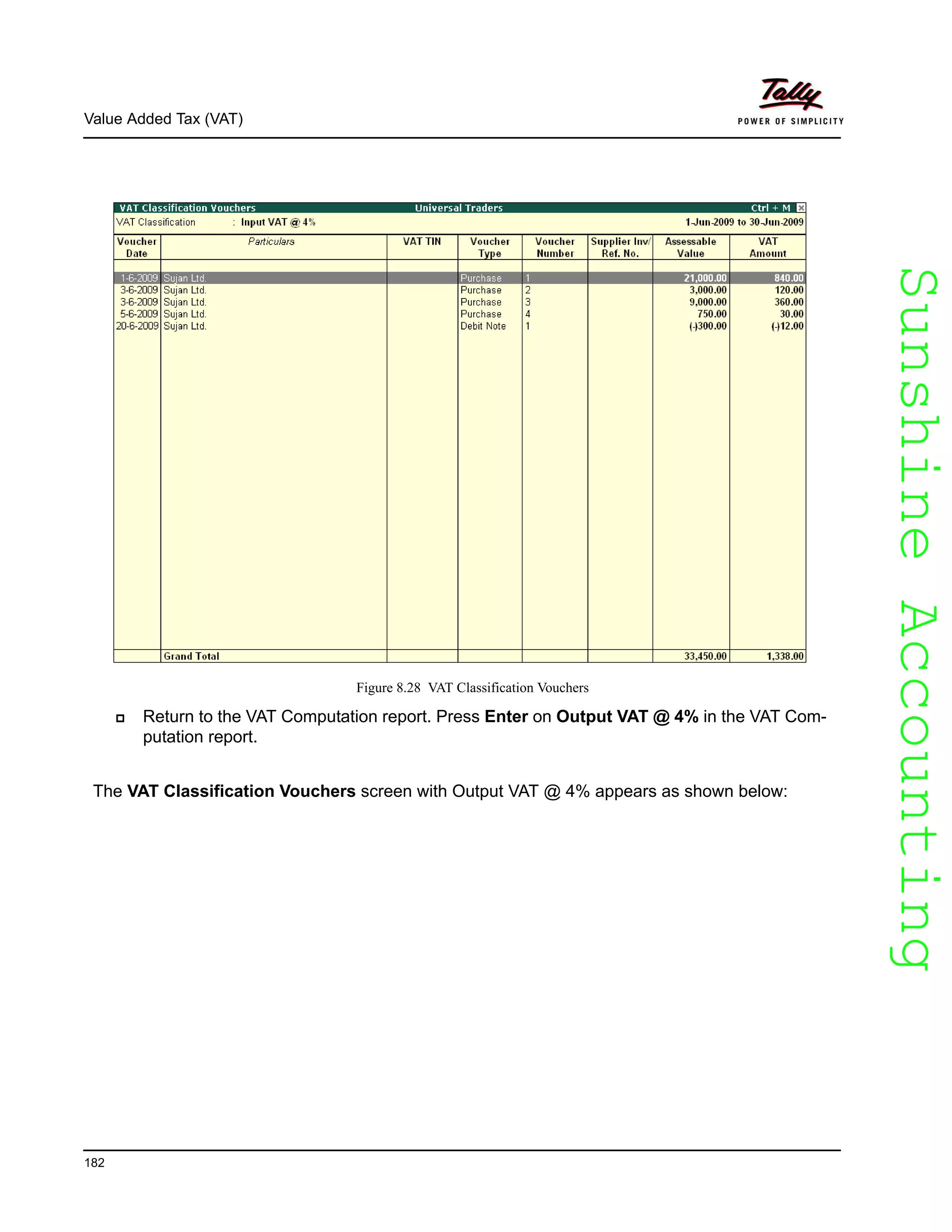 SunshineAccountingSunshineAccounting
Value Added Tax (VAT)
182
Figure 8.28 VAT Classification Vouchers
Return to the VAT Computation report. Press Enter on Output VAT @ 4% in the VAT Com-
putation report.
The VAT Classification Vouchers screen with Output VAT @ 4% appears as shown below:
 