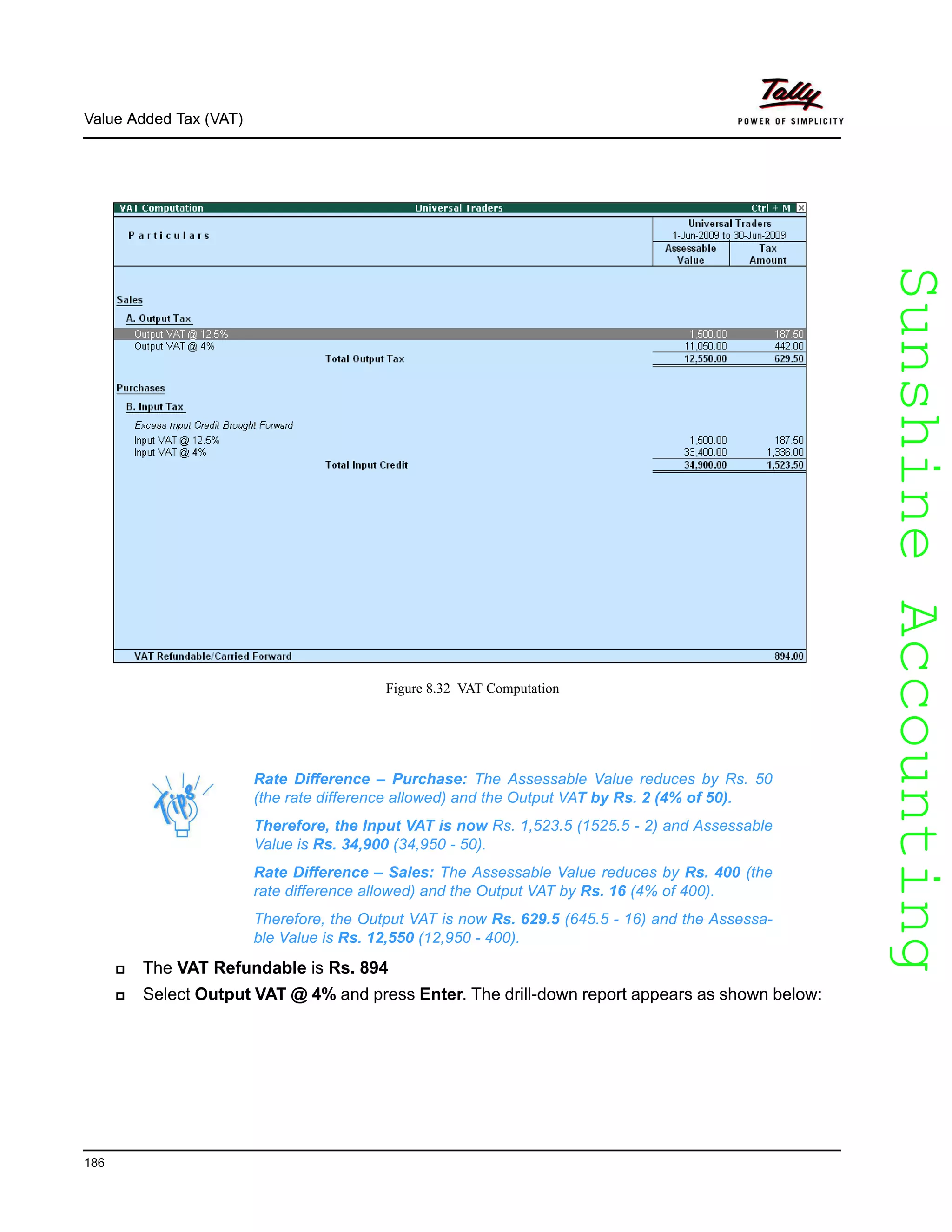 SunshineAccountingSunshineAccounting
Value Added Tax (VAT)
186
Figure 8.32 VAT Computation
The VAT Refundable is Rs. 894
Select Output VAT @ 4% and press Enter. The drill-down report appears as shown below:
Rate Difference – Purchase: The Assessable Value reduces by Rs. 50
(the rate difference allowed) and the Output VAT by Rs. 2 (4% of 50).
Therefore, the Input VAT is now Rs. 1,523.5 (1525.5 - 2) and Assessable
Value is Rs. 34,900 (34,950 - 50).
Rate Difference – Sales: The Assessable Value reduces by Rs. 400 (the
rate difference allowed) and the Output VAT by Rs. 16 (4% of 400).
Therefore, the Output VAT is now Rs. 629.5 (645.5 - 16) and the Assessa-
ble Value is Rs. 12,550 (12,950 - 400).
 