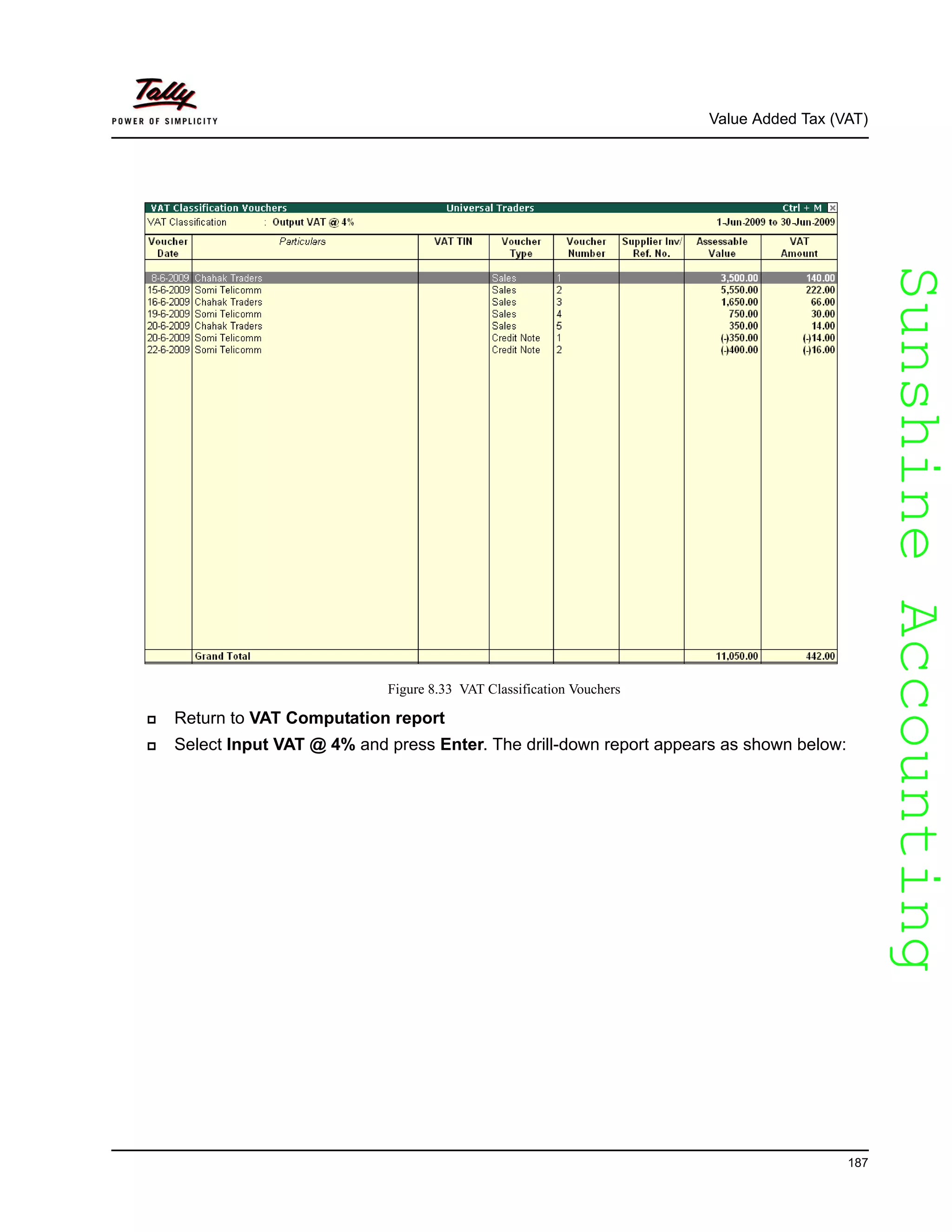 SunshineAccountingSunshineAccounting
Value Added Tax (VAT)
187
Figure 8.33 VAT Classification Vouchers
Return to VAT Computation report
Select Input VAT @ 4% and press Enter. The drill-down report appears as shown below:
 
