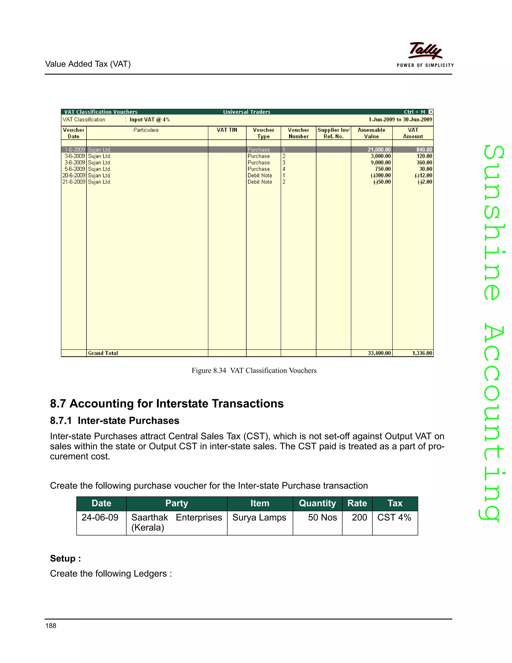 SunshineAccountingSunshineAccounting
Value Added Tax (VAT)
188
Figure 8.34 VAT Classification Vouchers
8.7 Accounting for Interstate Transactions
8.7.1 Inter-state Purchases
Inter-state Purchases attract Central Sales Tax (CST), which is not set-off against Output VAT on
sales within the state or Output CST in inter-state sales. The CST paid is treated as a part of pro-
curement cost.
Create the following purchase voucher for the Inter-state Purchase transaction
Setup :
Create the following Ledgers :
Date Party Item Quantity Rate Tax
24-06-09 Saarthak Enterprises
(Kerala)
Surya Lamps 50 Nos 200 CST 4%
 