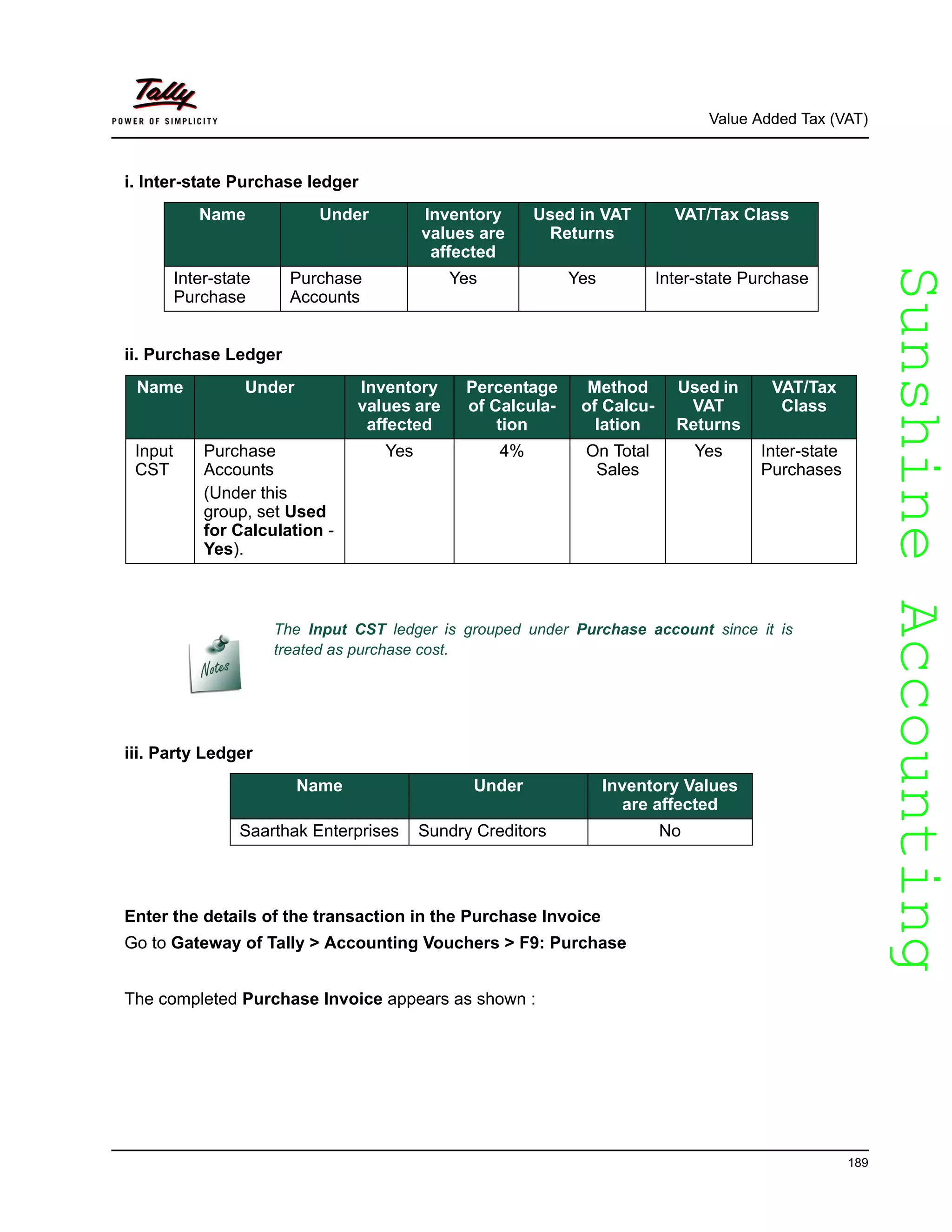SunshineAccountingSunshineAccounting
Value Added Tax (VAT)
189
i. Inter-state Purchase ledger
ii. Purchase Ledger
iii. Party Ledger
Enter the details of the transaction in the Purchase Invoice
Go to Gateway of Tally > Accounting Vouchers > F9: Purchase
The completed Purchase Invoice appears as shown :
Name Under Inventory
values are
affected
Used in VAT
Returns
VAT/Tax Class
Inter-state
Purchase
Purchase
Accounts
Yes Yes Inter-state Purchase
Name Under Inventory
values are
affected
Percentage
of Calcula-
tion
Method
of Calcu-
lation
Used in
VAT
Returns
VAT/Tax
Class
Input
CST
Purchase
Accounts
(Under this
group, set Used
for Calculation -
Yes).
Yes 4% On Total
Sales
Yes Inter-state
Purchases
The Input CST ledger is grouped under Purchase account since it is
treated as purchase cost.
Name Under Inventory Values
are affected
Saarthak Enterprises Sundry Creditors No
 