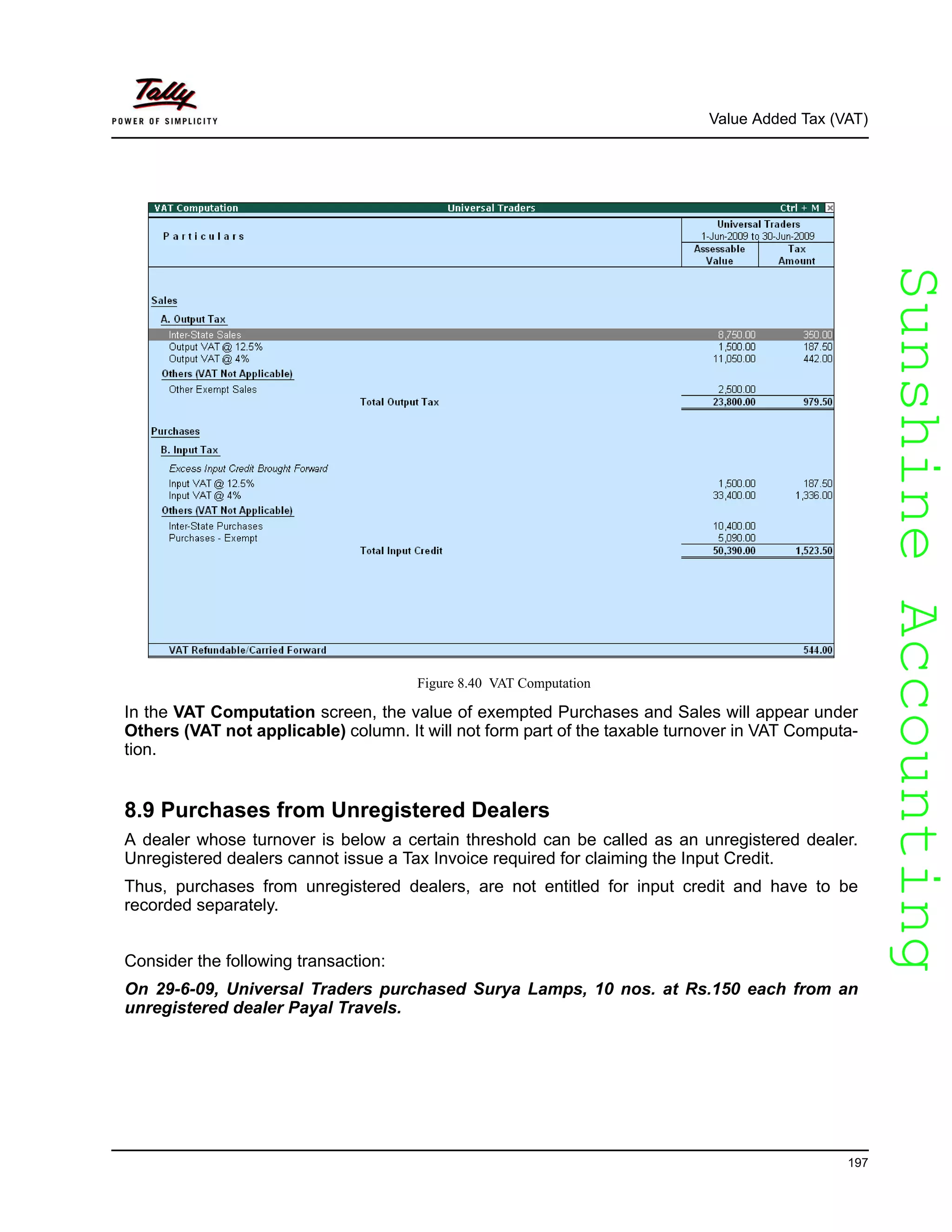 SunshineAccountingSunshineAccounting
Value Added Tax (VAT)
197
Figure 8.40 VAT Computation
In the VAT Computation screen, the value of exempted Purchases and Sales will appear under
Others (VAT not applicable) column. It will not form part of the taxable turnover in VAT Computa-
tion.
8.9 Purchases from Unregistered Dealers
A dealer whose turnover is below a certain threshold can be called as an unregistered dealer.
Unregistered dealers cannot issue a Tax Invoice required for claiming the Input Credit.
Thus, purchases from unregistered dealers, are not entitled for input credit and have to be
recorded separately.
Consider the following transaction:
On 29-6-09, Universal Traders purchased Surya Lamps, 10 nos. at Rs.150 each from an
unregistered dealer Payal Travels.
 