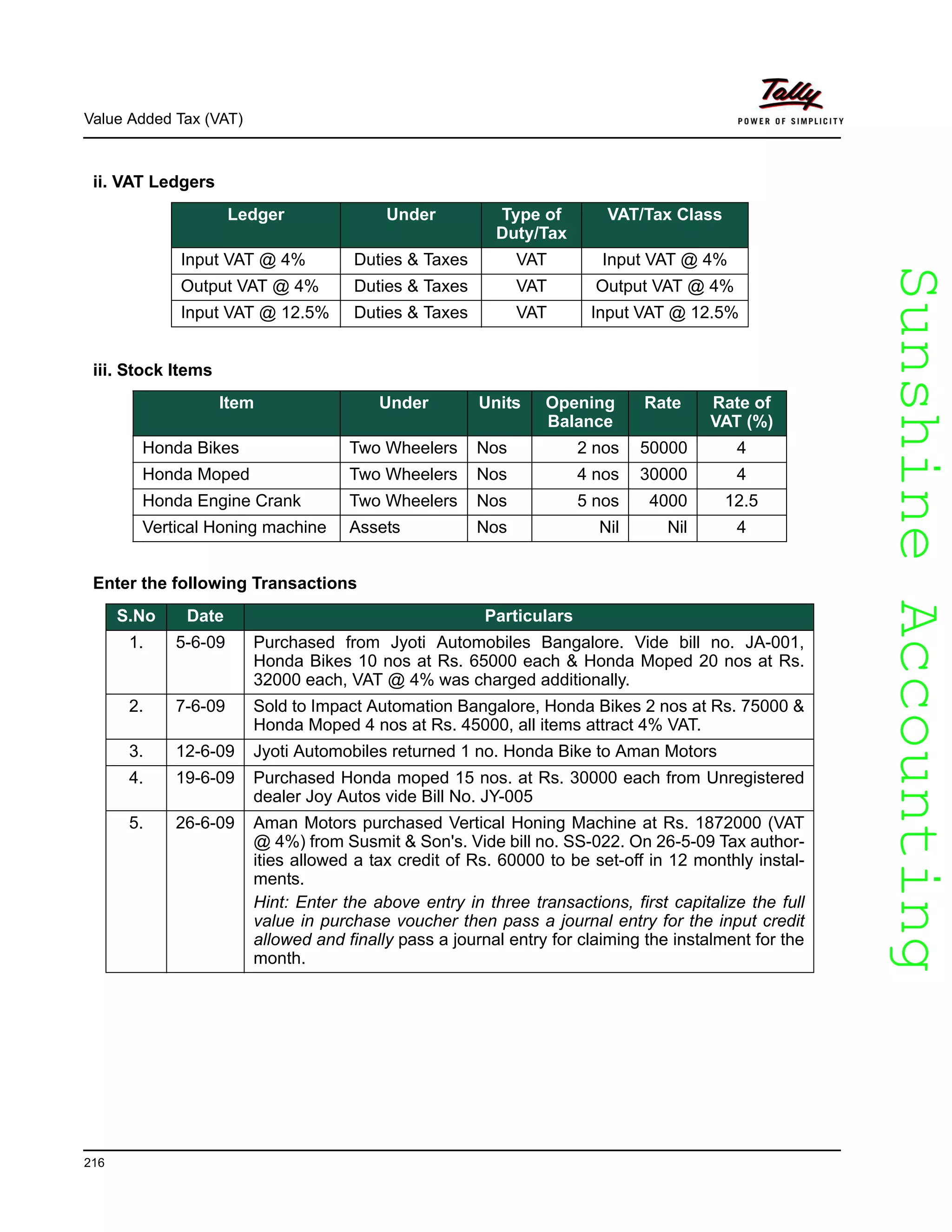 SunshineAccountingSunshineAccounting
Value Added Tax (VAT)
216
ii. VAT Ledgers
iii. Stock Items
Enter the following Transactions
Ledger Under Type of
Duty/Tax
VAT/Tax Class
Input VAT @ 4% Duties & Taxes VAT Input VAT @ 4%
Output VAT @ 4% Duties & Taxes VAT Output VAT @ 4%
Input VAT @ 12.5% Duties & Taxes VAT Input VAT @ 12.5%
Item Under Units Opening
Balance
Rate Rate of
VAT (%)
Honda Bikes Two Wheelers Nos 2 nos 50000 4
Honda Moped Two Wheelers Nos 4 nos 30000 4
Honda Engine Crank Two Wheelers Nos 5 nos 4000 12.5
Vertical Honing machine Assets Nos Nil Nil 4
S.No Date Particulars
1. 5-6-09 Purchased from Jyoti Automobiles Bangalore. Vide bill no. JA-001,
Honda Bikes 10 nos at Rs. 65000 each & Honda Moped 20 nos at Rs.
32000 each, VAT @ 4% was charged additionally.
2. 7-6-09 Sold to Impact Automation Bangalore, Honda Bikes 2 nos at Rs. 75000 &
Honda Moped 4 nos at Rs. 45000, all items attract 4% VAT.
3. 12-6-09 Jyoti Automobiles returned 1 no. Honda Bike to Aman Motors
4. 19-6-09 Purchased Honda moped 15 nos. at Rs. 30000 each from Unregistered
dealer Joy Autos vide Bill No. JY-005
5. 26-6-09 Aman Motors purchased Vertical Honing Machine at Rs. 1872000 (VAT
@ 4%) from Susmit & Son's. Vide bill no. SS-022. On 26-5-09 Tax author-
ities allowed a tax credit of Rs. 60000 to be set-off in 12 monthly instal-
ments.
Hint: Enter the above entry in three transactions, first capitalize the full
value in purchase voucher then pass a journal entry for the input credit
allowed and finally pass a journal entry for claiming the instalment for the
month.
 