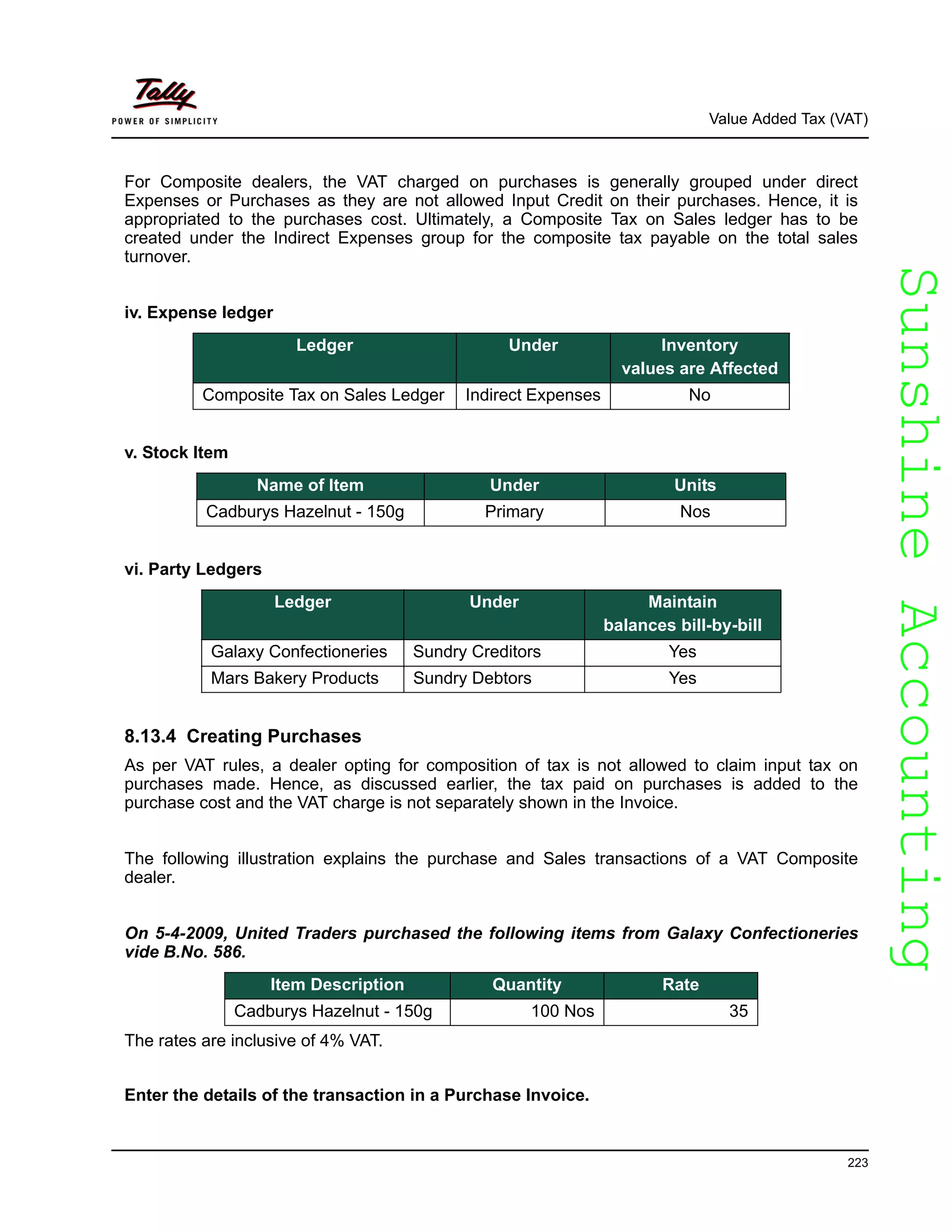 SunshineAccountingSunshineAccounting
Value Added Tax (VAT)
223
For Composite dealers, the VAT charged on purchases is generally grouped under direct
Expenses or Purchases as they are not allowed Input Credit on their purchases. Hence, it is
appropriated to the purchases cost. Ultimately, a Composite Tax on Sales ledger has to be
created under the Indirect Expenses group for the composite tax payable on the total sales
turnover.
iv. Expense ledger
v. Stock Item
vi. Party Ledgers
8.13.4 Creating Purchases
As per VAT rules, a dealer opting for composition of tax is not allowed to claim input tax on
purchases made. Hence, as discussed earlier, the tax paid on purchases is added to the
purchase cost and the VAT charge is not separately shown in the Invoice.
The following illustration explains the purchase and Sales transactions of a VAT Composite
dealer.
On 5-4-2009, United Traders purchased the following items from Galaxy Confectioneries
vide B.No. 586.
The rates are inclusive of 4% VAT.
Enter the details of the transaction in a Purchase Invoice.
Ledger Under Inventory
values are Affected
Composite Tax on Sales Ledger Indirect Expenses No
Name of Item Under Units
Cadburys Hazelnut - 150g Primary Nos
Ledger Under Maintain
balances bill-by-bill
Galaxy Confectioneries Sundry Creditors Yes
Mars Bakery Products Sundry Debtors Yes
Item Description Quantity Rate
Cadburys Hazelnut - 150g 100 Nos 35
 