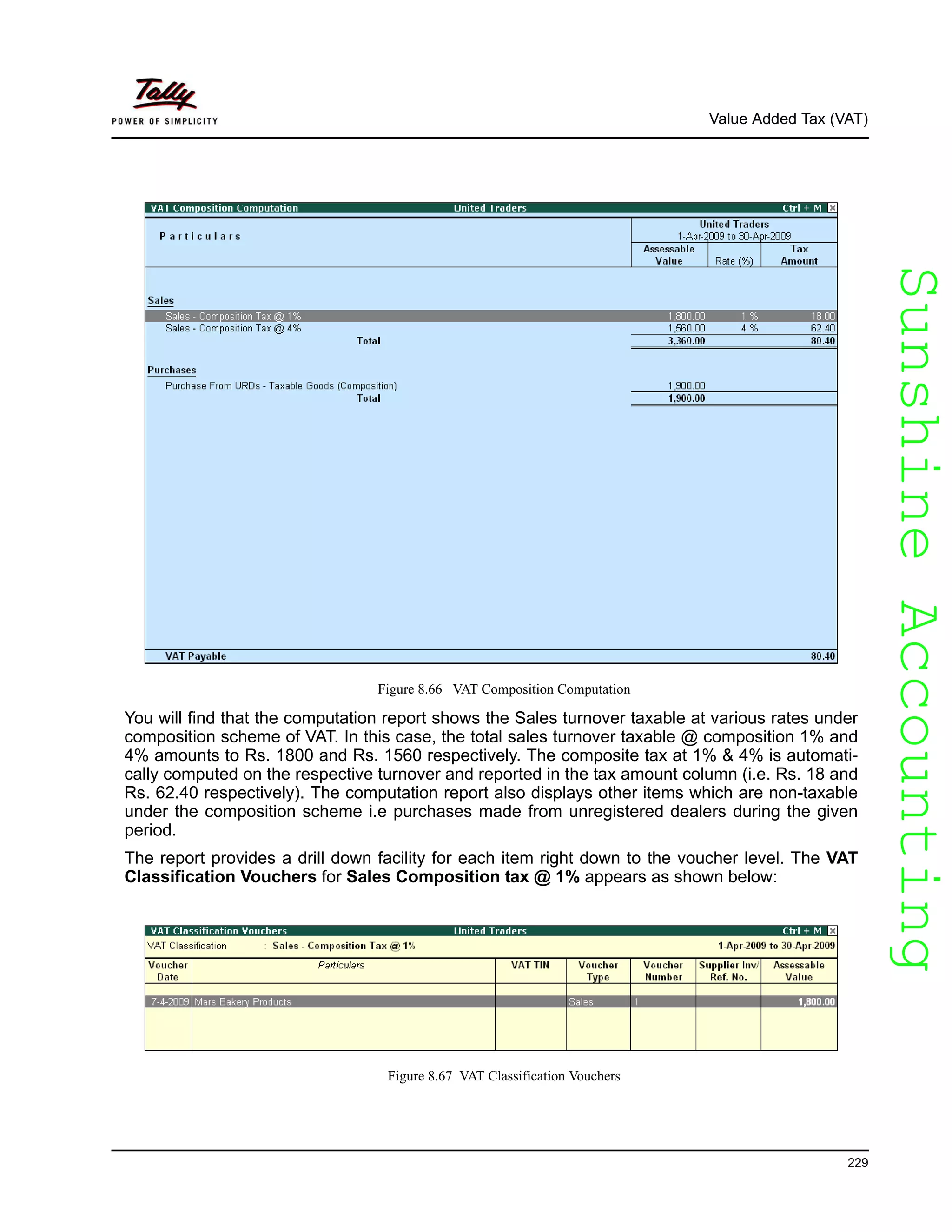 SunshineAccountingSunshineAccounting
Value Added Tax (VAT)
229
Figure 8.66 VAT Composition Computation
You will find that the computation report shows the Sales turnover taxable at various rates under
composition scheme of VAT. In this case, the total sales turnover taxable @ composition 1% and
4% amounts to Rs. 1800 and Rs. 1560 respectively. The composite tax at 1% & 4% is automati-
cally computed on the respective turnover and reported in the tax amount column (i.e. Rs. 18 and
Rs. 62.40 respectively). The computation report also displays other items which are non-taxable
under the composition scheme i.e purchases made from unregistered dealers during the given
period.
The report provides a drill down facility for each item right down to the voucher level. The VAT
Classification Vouchers for Sales Composition tax @ 1% appears as shown below:
Figure 8.67 VAT Classification Vouchers
 
