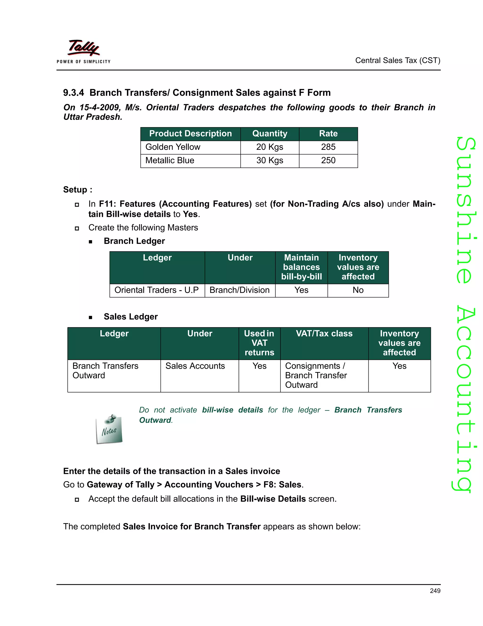 SunshineAccountingSunshineAccounting
Central Sales Tax (CST)
249
9.3.4 Branch Transfers/ Consignment Sales against F Form
On 15-4-2009, M/s. Oriental Traders despatches the following goods to their Branch in
Uttar Pradesh.
Setup :
In F11: Features (Accounting Features) set (for Non-Trading A/cs also) under Main-
tain Bill-wise details to Yes.
Create the following Masters
Branch Ledger
Sales Ledger
Do not activate bill-wise details for the ledger – Branch Transfers
Outward.
Enter the details of the transaction in a Sales invoice
Go to Gateway of Tally > Accounting Vouchers > F8: Sales.
Accept the default bill allocations in the Bill-wise Details screen.
The completed Sales Invoice for Branch Transfer appears as shown below:
Product Description Quantity Rate
Golden Yellow 20 Kgs 285
Metallic Blue 30 Kgs 250
Ledger Under Maintain
balances
bill-by-bill
Inventory
values are
affected
Oriental Traders - U.P Branch/Division Yes No
Ledger Under Used in
VAT
returns
VAT/Tax class Inventory
values are
affected
Branch Transfers
Outward
Sales Accounts Yes Consignments /
Branch Transfer
Outward
Yes
 