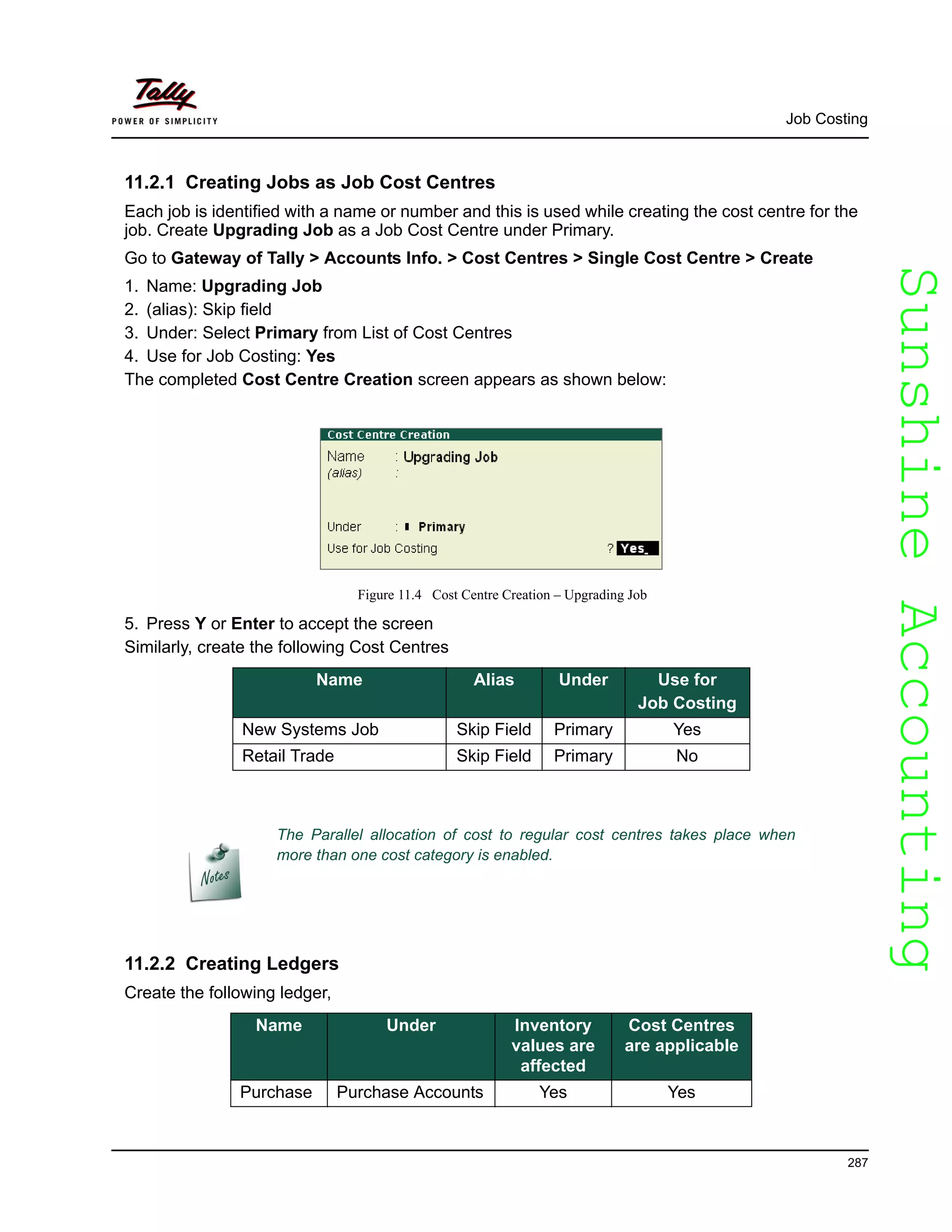 SunshineAccountingSunshineAccounting
Job Costing
287
11.2.1 Creating Jobs as Job Cost Centres
Each job is identified with a name or number and this is used while creating the cost centre for the
job. Create Upgrading Job as a Job Cost Centre under Primary.
Go to Gateway of Tally > Accounts Info. > Cost Centres > Single Cost Centre > Create
1. Name: Upgrading Job
2. (alias): Skip field
3. Under: Select Primary from List of Cost Centres
4. Use for Job Costing: Yes
The completed Cost Centre Creation screen appears as shown below:
Figure 11.4 Cost Centre Creation – Upgrading Job
5. Press Y or Enter to accept the screen
Similarly, create the following Cost Centres
11.2.2 Creating Ledgers
Create the following ledger,
Name Alias Under Use for
Job Costing
New Systems Job Skip Field Primary Yes
Retail Trade Skip Field Primary No
The Parallel allocation of cost to regular cost centres takes place when
more than one cost category is enabled.
Name Under Inventory
values are
affected
Cost Centres
are applicable
Purchase Purchase Accounts Yes Yes
 