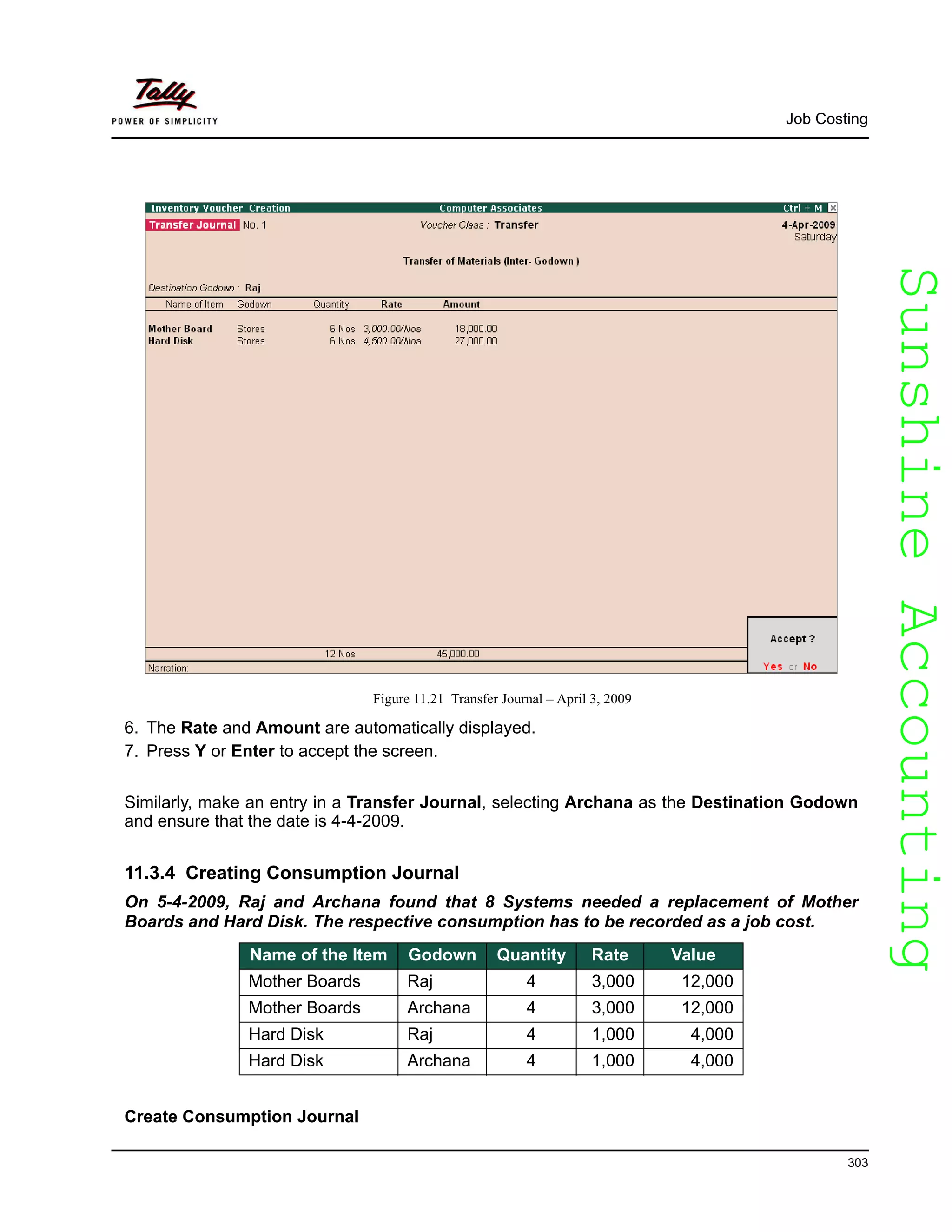 SunshineAccountingSunshineAccounting
Job Costing
303
Figure 11.21 Transfer Journal – April 3, 2009
6. The Rate and Amount are automatically displayed.
7. Press Y or Enter to accept the screen.
Similarly, make an entry in a Transfer Journal, selecting Archana as the Destination Godown
and ensure that the date is 4-4-2009.
11.3.4 Creating Consumption Journal
On 5-4-2009, Raj and Archana found that 8 Systems needed a replacement of Mother
Boards and Hard Disk. The respective consumption has to be recorded as a job cost.
Create Consumption Journal
Name of the Item Godown Quantity Rate Value
Mother Boards Raj 4 3,000 12,000
Mother Boards Archana 4 3,000 12,000
Hard Disk Raj 4 1,000 4,000
Hard Disk Archana 4 1,000 4,000
 