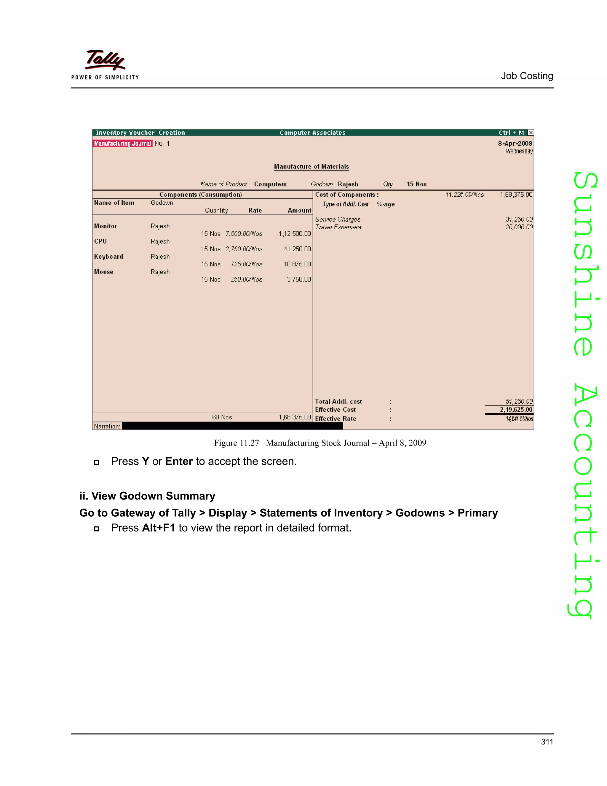 SunshineAccountingSunshineAccounting
Job Costing
311
Figure 11.27 Manufacturing Stock Journal – April 8, 2009
Press Y or Enter to accept the screen.
ii. View Godown Summary
Go to Gateway of Tally > Display > Statements of Inventory > Godowns > Primary
Press Alt+F1 to view the report in detailed format.
 