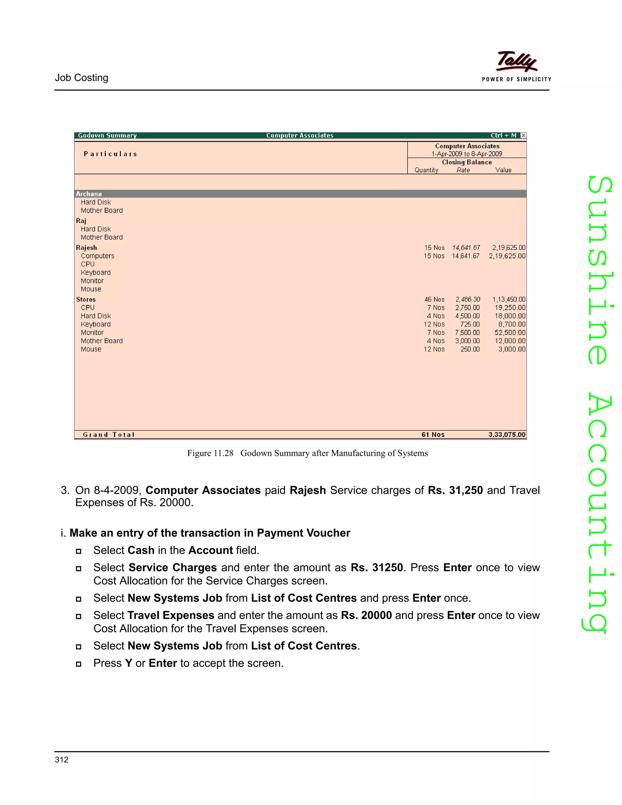 SunshineAccountingSunshineAccounting
Job Costing
312
Figure 11.28 Godown Summary after Manufacturing of Systems
3. On 8-4-2009, Computer Associates paid Rajesh Service charges of Rs. 31,250 and Travel
Expenses of Rs. 20000.
i. Make an entry of the transaction in Payment Voucher
Select Cash in the Account field.
Select Service Charges and enter the amount as Rs. 31250. Press Enter once to view
Cost Allocation for the Service Charges screen.
Select New Systems Job from List of Cost Centres and press Enter once.
Select Travel Expenses and enter the amount as Rs. 20000 and press Enter once to view
Cost Allocation for the Travel Expenses screen.
Select New Systems Job from List of Cost Centres.
Press Y or Enter to accept the screen.
 