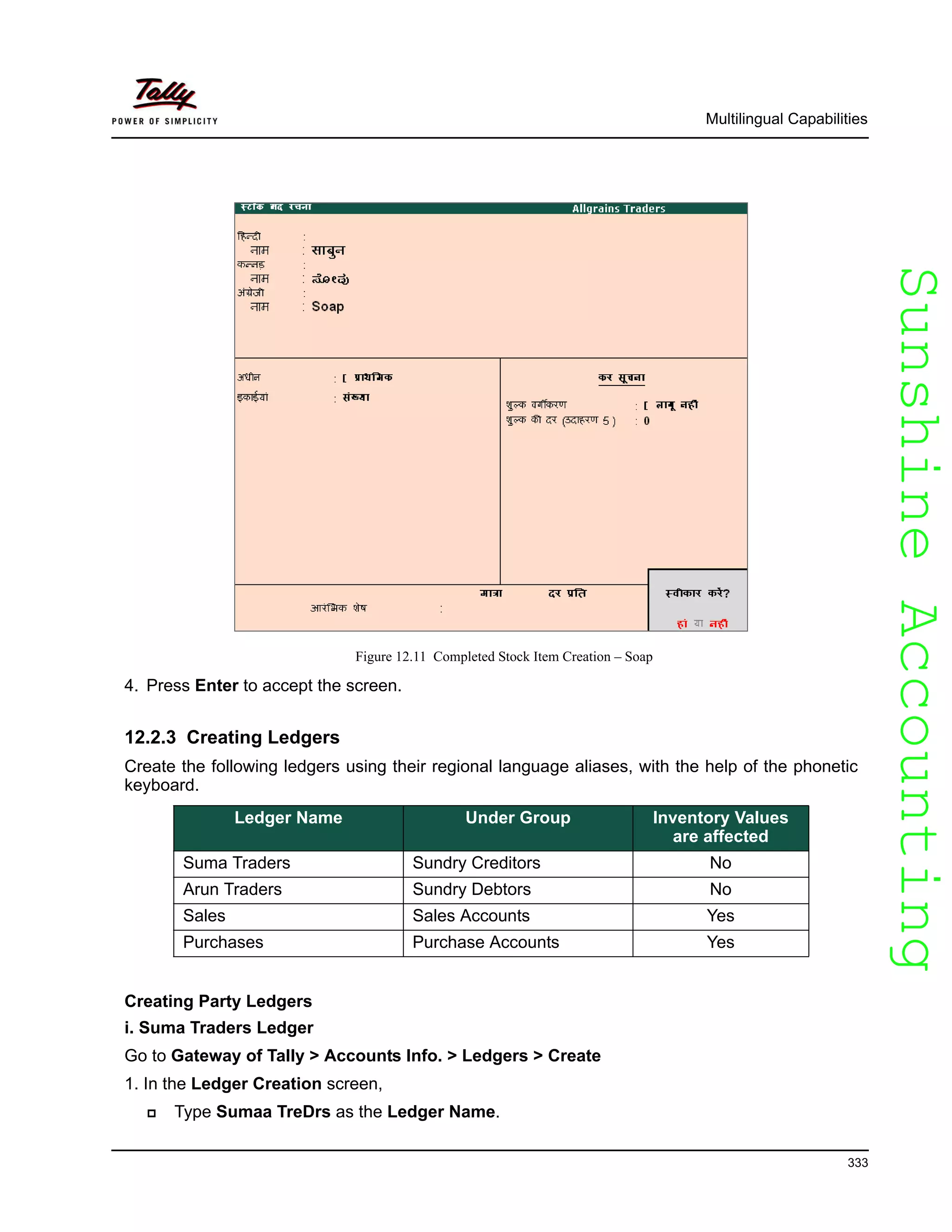 SunshineAccountingSunshineAccounting
Multilingual Capabilities
333
Figure 12.11 Completed Stock Item Creation – Soap
4. Press Enter to accept the screen.
12.2.3 Creating Ledgers
Create the following ledgers using their regional language aliases, with the help of the phonetic
keyboard.
Creating Party Ledgers
i. Suma Traders Ledger
Go to Gateway of Tally > Accounts Info. > Ledgers > Create
1. In the Ledger Creation screen,
Type Sumaa TreDrs as the Ledger Name.
Ledger Name Under Group Inventory Values
are affected
Suma Traders Sundry Creditors No
Arun Traders Sundry Debtors No
Sales Sales Accounts Yes
Purchases Purchase Accounts Yes
 