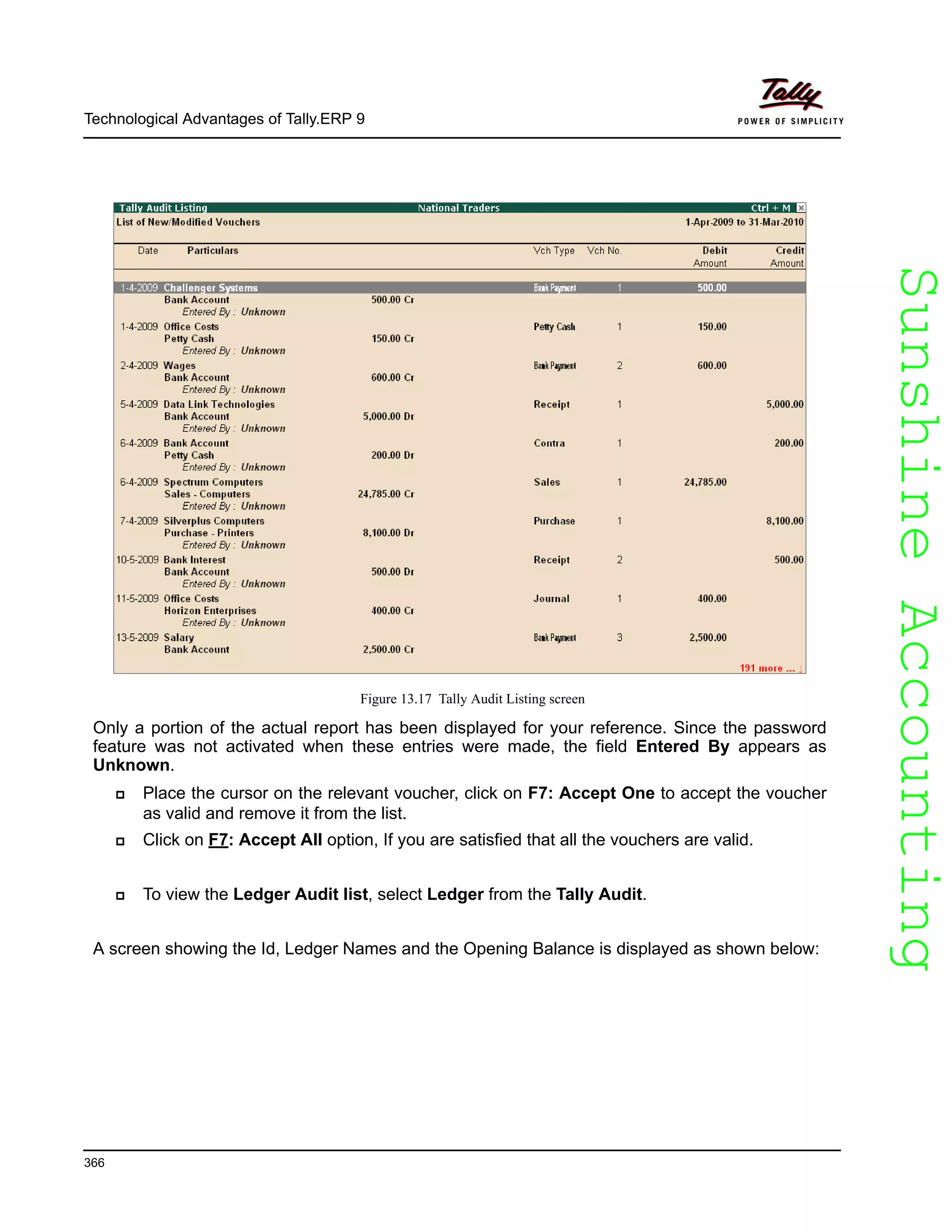 SunshineAccountingSunshineAccounting
Technological Advantages of Tally.ERP 9
366
Figure 13.17 Tally Audit Listing screen
Only a portion of the actual report has been displayed for your reference. Since the password
feature was not activated when these entries were made, the field Entered By appears as
Unknown.
Place the cursor on the relevant voucher, click on F7: Accept One to accept the voucher
as valid and remove it from the list.
Click on F7: Accept All option, If you are satisfied that all the vouchers are valid.
To view the Ledger Audit list, select Ledger from the Tally Audit.
A screen showing the Id, Ledger Names and the Opening Balance is displayed as shown below:
 