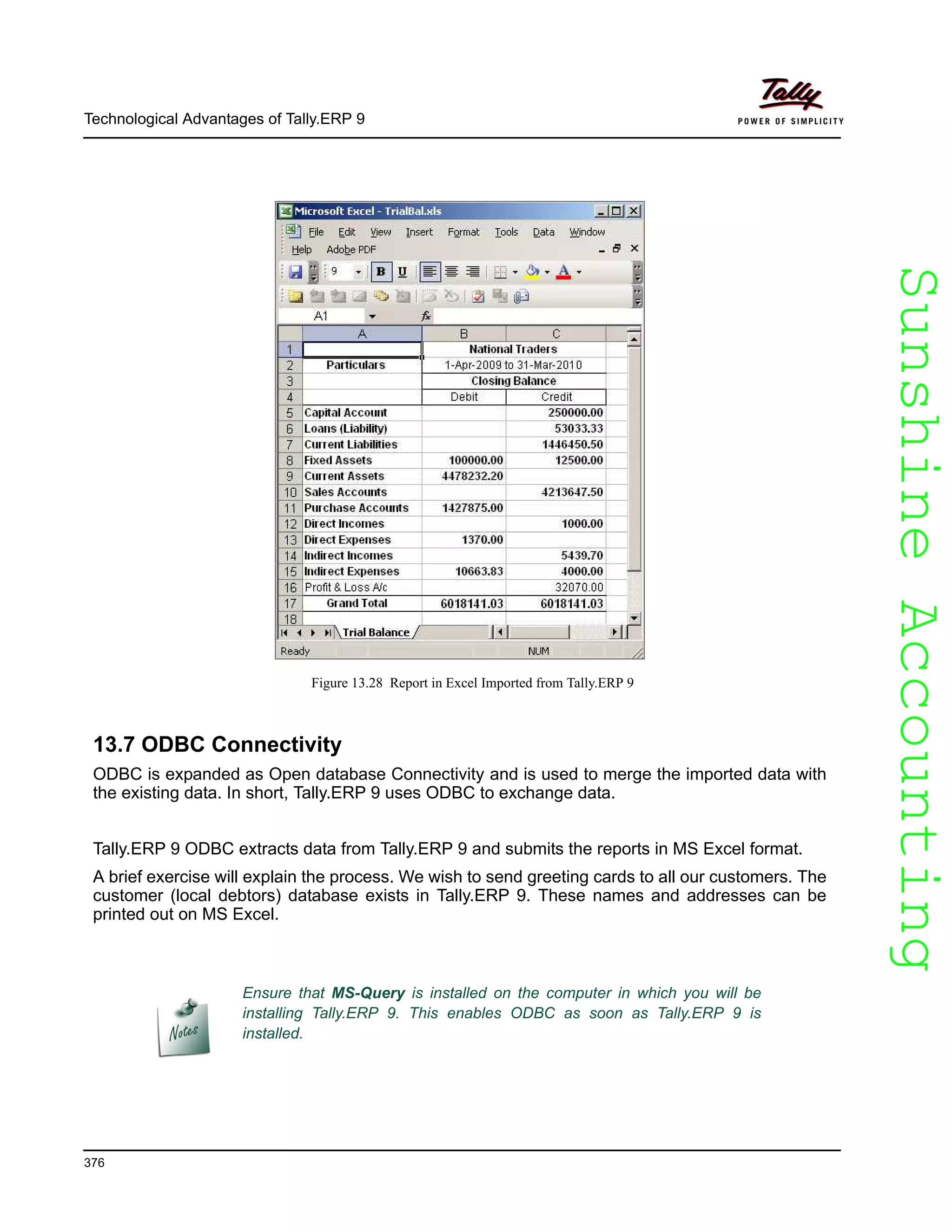 SunshineAccountingSunshineAccounting
Technological Advantages of Tally.ERP 9
376
Figure 13.28 Report in Excel Imported from Tally.ERP 9
13.7 ODBC Connectivity
ODBC is expanded as Open database Connectivity and is used to merge the imported data with
the existing data. In short, Tally.ERP 9 uses ODBC to exchange data.
Tally.ERP 9 ODBC extracts data from Tally.ERP 9 and submits the reports in MS Excel format.
A brief exercise will explain the process. We wish to send greeting cards to all our customers. The
customer (local debtors) database exists in Tally.ERP 9. These names and addresses can be
printed out on MS Excel.
Ensure that MS-Query is installed on the computer in which you will be
installing Tally.ERP 9. This enables ODBC as soon as Tally.ERP 9 is
installed.
 