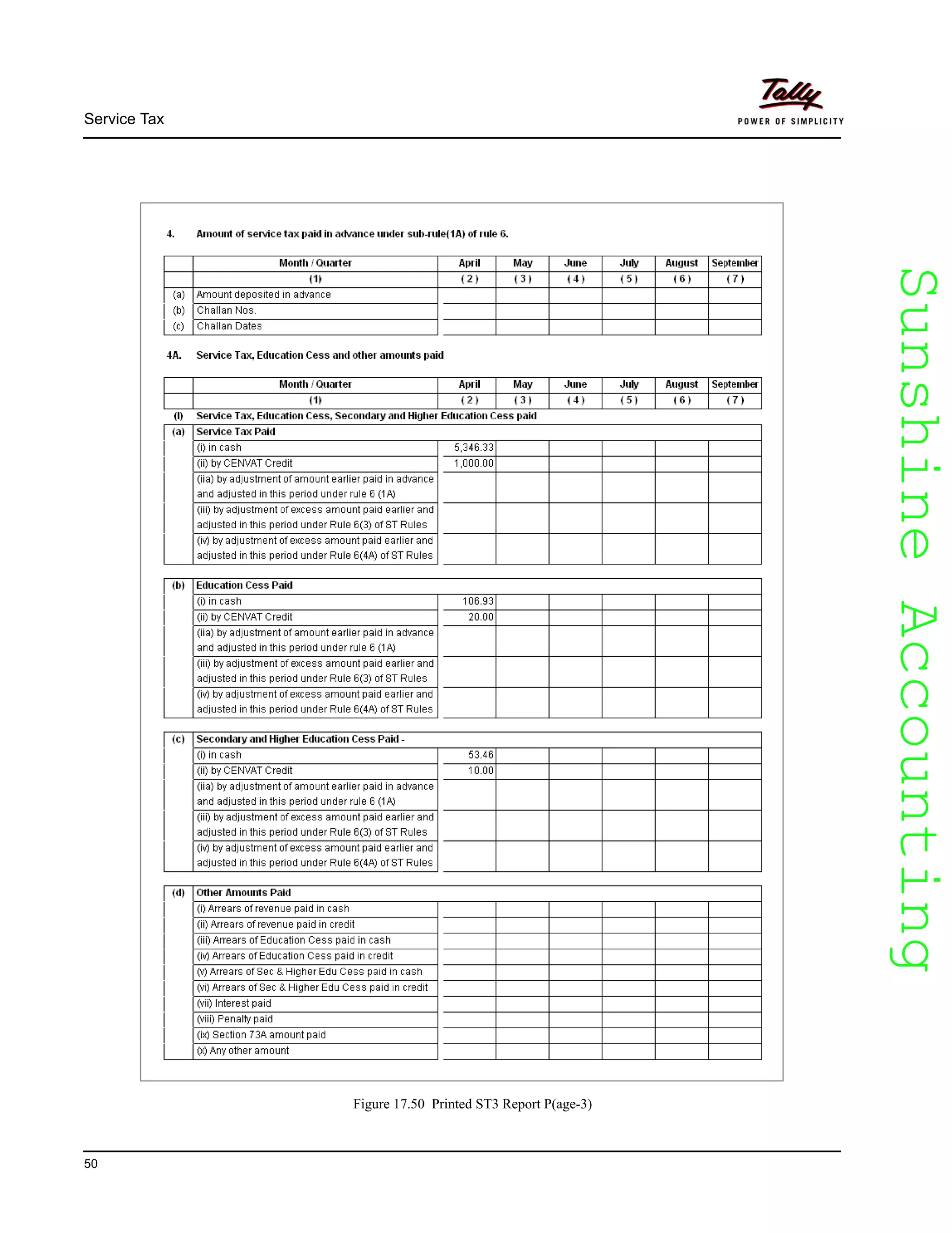 SunshineAccountingSunshineAccounting
Service Tax
50
Figure 17.50 Printed ST3 Report P(age-3)
 