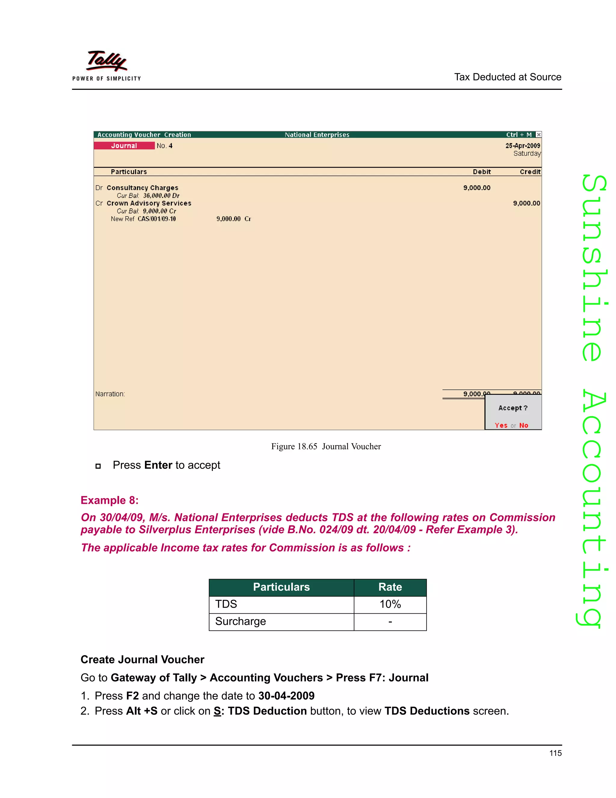 SunshineAccountingSunshineAccounting
Tax Deducted at Source
115
Figure 18.65 Journal Voucher
Press Enter to accept
Example 8:
On 30/04/09, M/s. National Enterprises deducts TDS at the following rates on Commission
payable to Silverplus Enterprises (vide B.No. 024/09 dt. 20/04/09 - Refer Example 3).
The applicable Income tax rates for Commission is as follows :
Create Journal Voucher
Go to Gateway of Tally > Accounting Vouchers > Press F7: Journal
1. Press F2 and change the date to 30-04-2009
2. Press Alt +S or click on S: TDS Deduction button, to view TDS Deductions screen.
Particulars Rate
TDS 10%
Surcharge -
 