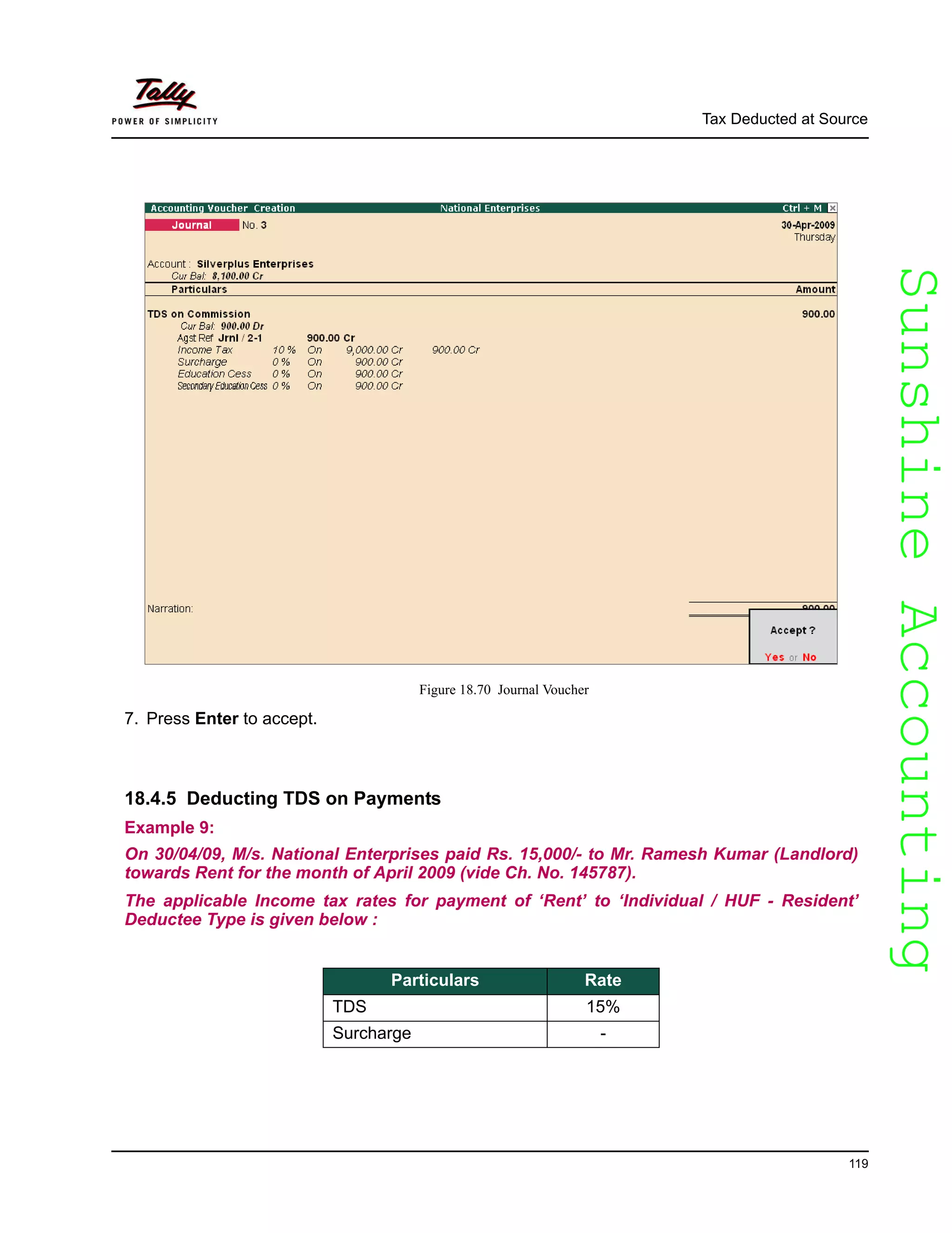 SunshineAccountingSunshineAccounting
Tax Deducted at Source
119
Figure 18.70 Journal Voucher
7. Press Enter to accept.
18.4.5 Deducting TDS on Payments
Example 9:
On 30/04/09, M/s. National Enterprises paid Rs. 15,000/- to Mr. Ramesh Kumar (Landlord)
towards Rent for the month of April 2009 (vide Ch. No. 145787).
The applicable Income tax rates for payment of ‘Rent’ to ‘Individual / HUF - Resident’
Deductee Type is given below :
Particulars Rate
TDS 15%
Surcharge -
 