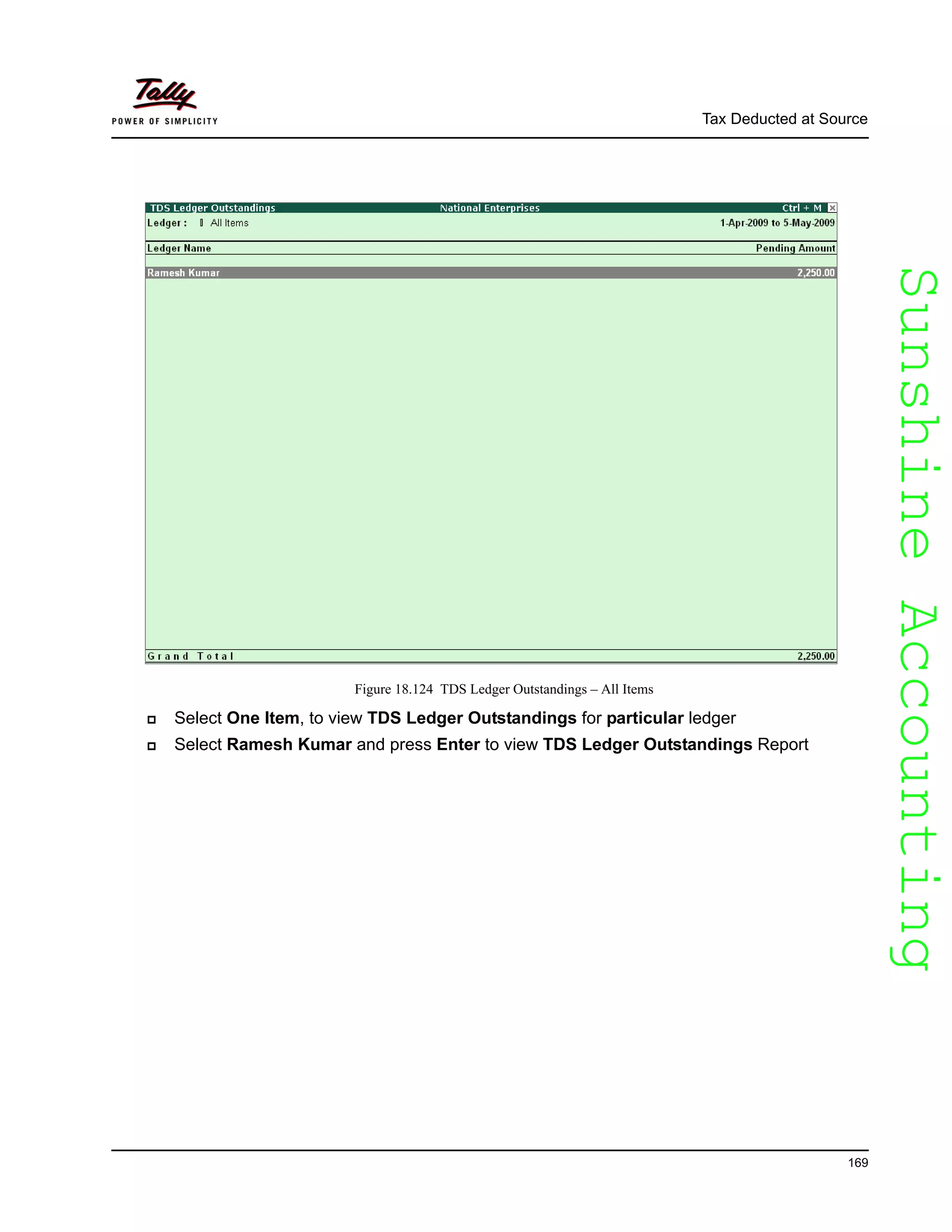 SunshineAccountingSunshineAccounting
Tax Deducted at Source
169
Figure 18.124 TDS Ledger Outstandings – All Items
Select One Item, to view TDS Ledger Outstandings for particular ledger
Select Ramesh Kumar and press Enter to view TDS Ledger Outstandings Report
 