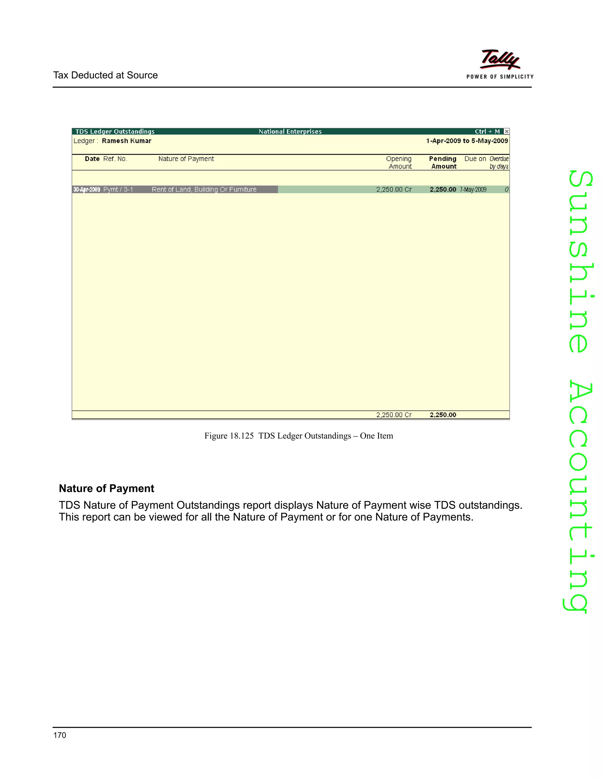 SunshineAccountingSunshineAccounting
Tax Deducted at Source
170
Figure 18.125 TDS Ledger Outstandings – One Item
Nature of Payment
TDS Nature of Payment Outstandings report displays Nature of Payment wise TDS outstandings.
This report can be viewed for all the Nature of Payment or for one Nature of Payments.
 