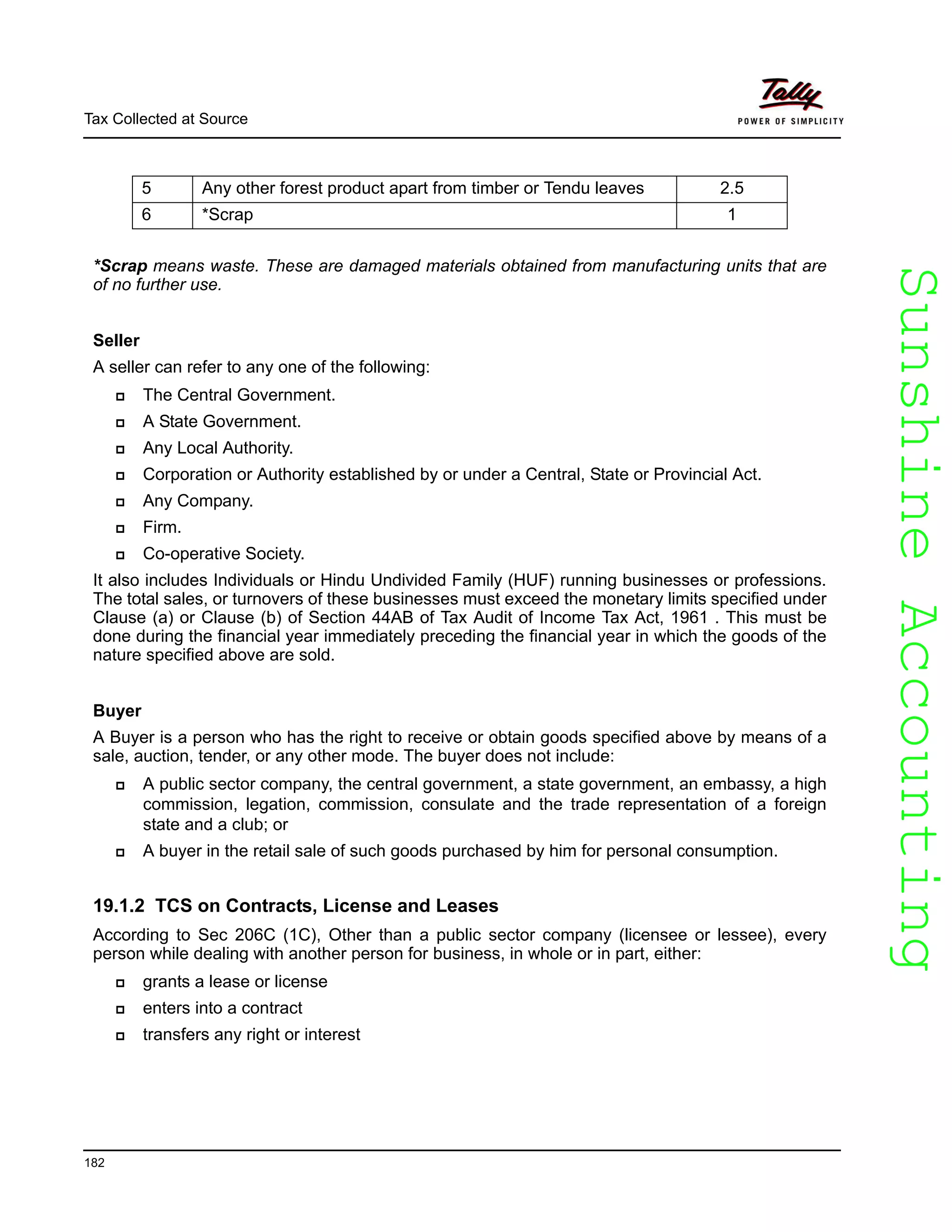 SunshineAccountingSunshineAccounting
Tax Collected at Source
182
*Scrap means waste. These are damaged materials obtained from manufacturing units that are
of no further use.
Seller
A seller can refer to any one of the following:
The Central Government.
A State Government.
Any Local Authority.
Corporation or Authority established by or under a Central, State or Provincial Act.
Any Company.
Firm.
Co-operative Society.
It also includes Individuals or Hindu Undivided Family (HUF) running businesses or professions.
The total sales, or turnovers of these businesses must exceed the monetary limits specified under
Clause (a) or Clause (b) of Section 44AB of Tax Audit of Income Tax Act, 1961 . This must be
done during the financial year immediately preceding the financial year in which the goods of the
nature specified above are sold.
Buyer
A Buyer is a person who has the right to receive or obtain goods specified above by means of a
sale, auction, tender, or any other mode. The buyer does not include:
A public sector company, the central government, a state government, an embassy, a high
commission, legation, commission, consulate and the trade representation of a foreign
state and a club; or
A buyer in the retail sale of such goods purchased by him for personal consumption.
19.1.2 TCS on Contracts, License and Leases
According to Sec 206C (1C), Other than a public sector company (licensee or lessee), every
person while dealing with another person for business, in whole or in part, either:
grants a lease or license
enters into a contract
transfers any right or interest
5 Any other forest product apart from timber or Tendu leaves 2.5
6 *Scrap 1
 