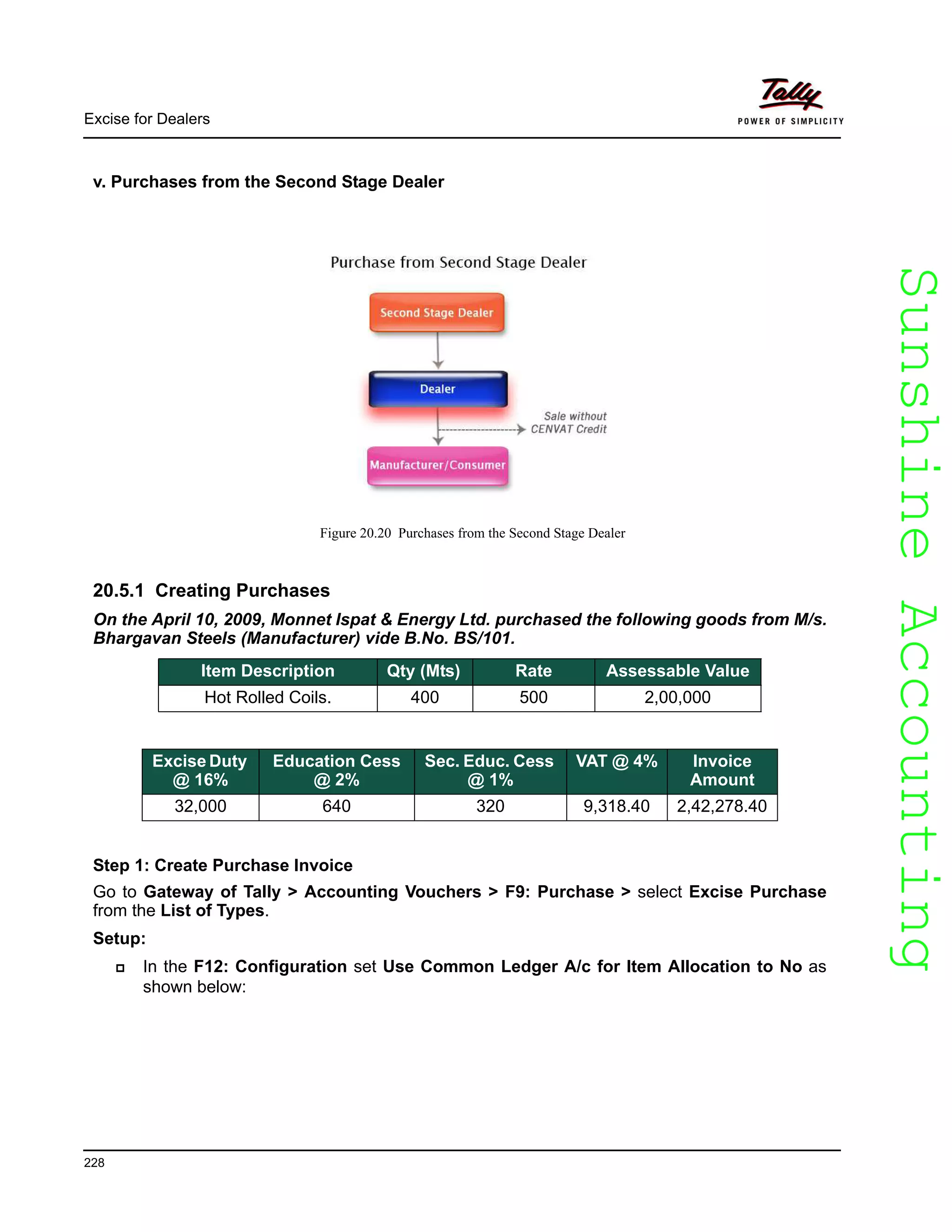 SunshineAccountingSunshineAccounting
Excise for Dealers
228
v. Purchases from the Second Stage Dealer
Figure 20.20 Purchases from the Second Stage Dealer
20.5.1 Creating Purchases
On the April 10, 2009, Monnet Ispat & Energy Ltd. purchased the following goods from M/s.
Bhargavan Steels (Manufacturer) vide B.No. BS/101.
Step 1: Create Purchase Invoice
Go to Gateway of Tally > Accounting Vouchers > F9: Purchase > select Excise Purchase
from the List of Types.
Setup:
In the F12: Configuration set Use Common Ledger A/c for Item Allocation to No as
shown below:
Item Description Qty (Mts) Rate Assessable Value
Hot Rolled Coils. 400 500 2,00,000
Excise Duty
@ 16%
Education Cess
@ 2%
Sec. Educ. Cess
@ 1%
VAT @ 4% Invoice
Amount
32,000 640 320 9,318.40 2,42,278.40
 