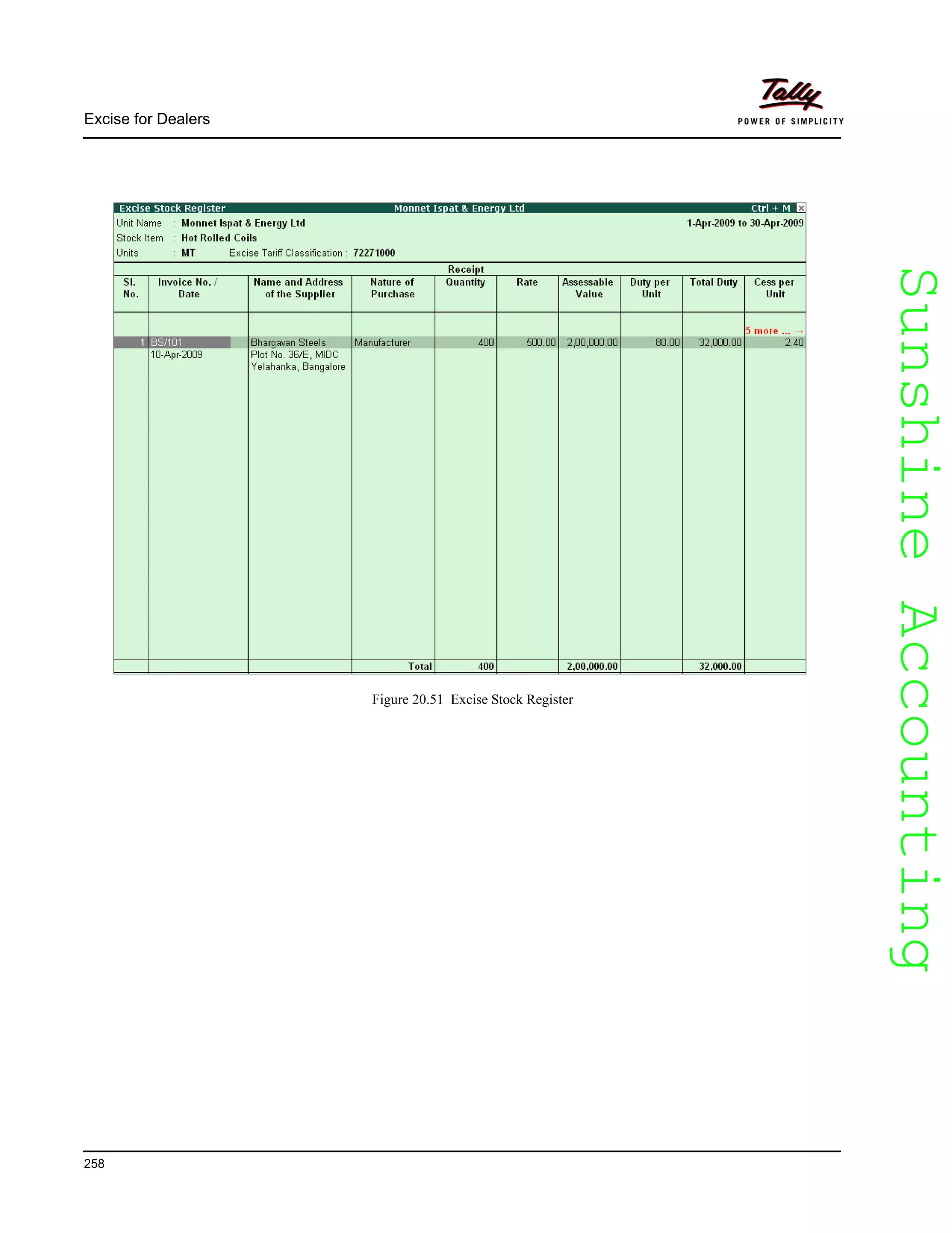 SunshineAccountingSunshineAccounting
Excise for Dealers
258
Figure 20.51 Excise Stock Register
 