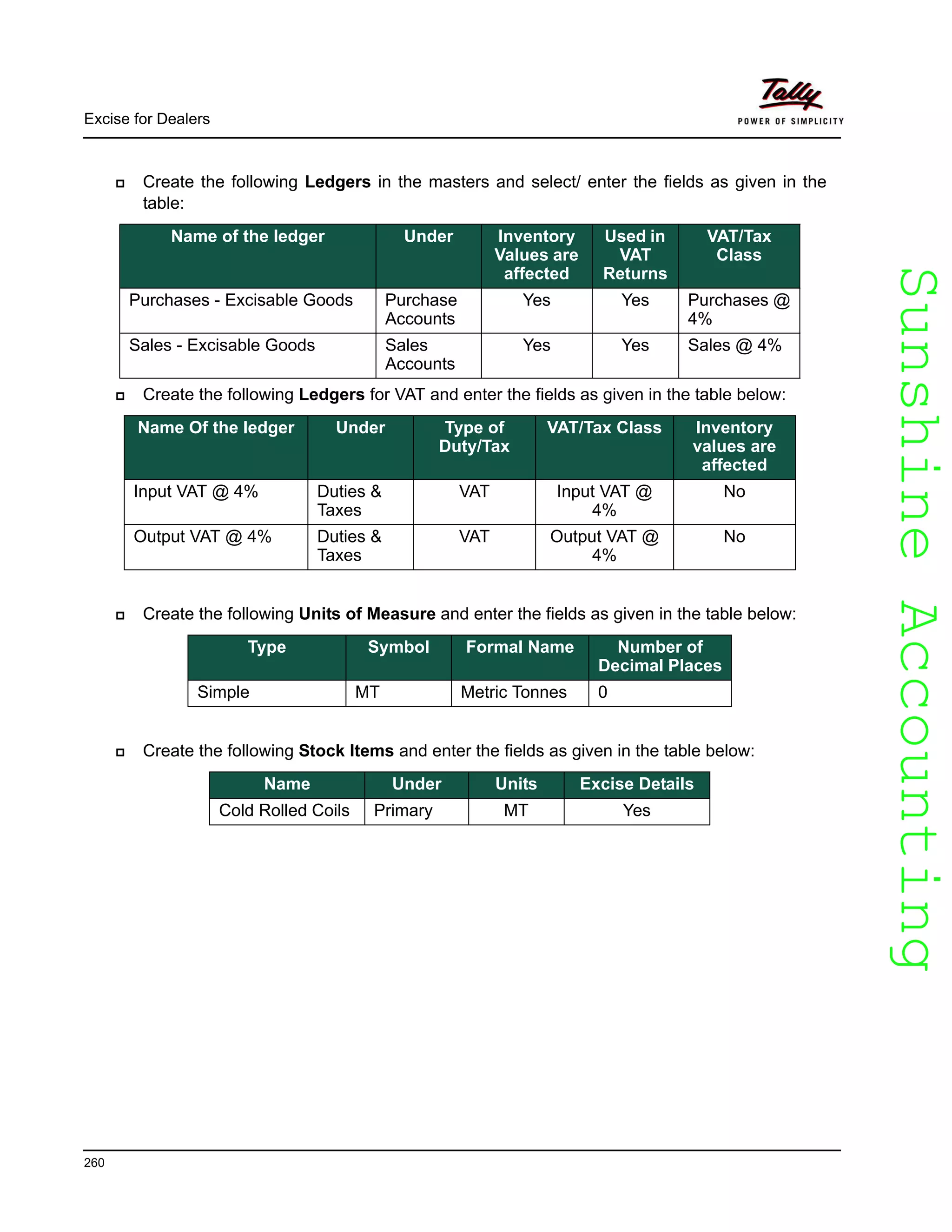 SunshineAccountingSunshineAccounting
Excise for Dealers
260
Create the following Ledgers in the masters and select/ enter the fields as given in the
table:
Create the following Ledgers for VAT and enter the fields as given in the table below:
Create the following Units of Measure and enter the fields as given in the table below:
Create the following Stock Items and enter the fields as given in the table below:
Name of the ledger Under Inventory
Values are
affected
Used in
VAT
Returns
VAT/Tax
Class
Purchases - Excisable Goods Purchase
Accounts
Yes Yes Purchases @
4%
Sales - Excisable Goods Sales
Accounts
Yes Yes Sales @ 4%
Name Of the ledger Under Type of
Duty/Tax
VAT/Tax Class Inventory
values are
affected
Input VAT @ 4% Duties &
Taxes
VAT Input VAT @
4%
No
Output VAT @ 4% Duties &
Taxes
VAT Output VAT @
4%
No
Type Symbol Formal Name Number of
Decimal Places
Simple MT Metric Tonnes 0
Name Under Units Excise Details
Cold Rolled Coils Primary MT Yes
 