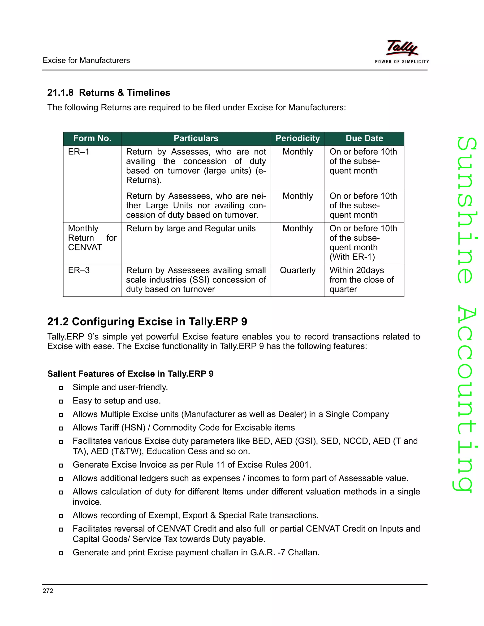 SunshineAccountingSunshineAccounting
Excise for Manufacturers
272
21.1.8 Returns & Timelines
The following Returns are required to be filed under Excise for Manufacturers:
21.2 Configuring Excise in Tally.ERP 9
Tally.ERP 9’s simple yet powerful Excise feature enables you to record transactions related to
Excise with ease. The Excise functionality in Tally.ERP 9 has the following features:
Salient Features of Excise in Tally.ERP 9
Simple and user-friendly.
Easy to setup and use.
Allows Multiple Excise units (Manufacturer as well as Dealer) in a Single Company
Allows Tariff (HSN) / Commodity Code for Excisable items
Facilitates various Excise duty parameters like BED, AED (GSI), SED, NCCD, AED (T and
TA), AED (T&TW), Education Cess and so on.
Generate Excise Invoice as per Rule 11 of Excise Rules 2001.
Allows additional ledgers such as expenses / incomes to form part of Assessable value.
Allows calculation of duty for different Items under different valuation methods in a single
invoice.
Allows recording of Exempt, Export & Special Rate transactions.
Facilitates reversal of CENVAT Credit and also full or partial CENVAT Credit on Inputs and
Capital Goods/ Service Tax towards Duty payable.
Generate and print Excise payment challan in G.A.R. -7 Challan.
Form No. Particulars Periodicity Due Date
ER–1 Return by Assesses, who are not
availing the concession of duty
based on turnover (large units) (e-
Returns).
Monthly On or before 10th
of the subse-
quent month
Return by Assessees, who are nei-
ther Large Units nor availing con-
cession of duty based on turnover.
Monthly On or before 10th
of the subse-
quent month
Monthly
Return for
CENVAT
Return by large and Regular units Monthly On or before 10th
of the subse-
quent month
(With ER-1)
ER–3 Return by Assessees availing small
scale industries (SSI) concession of
duty based on turnover
Quarterly Within 20days
from the close of
quarter
 