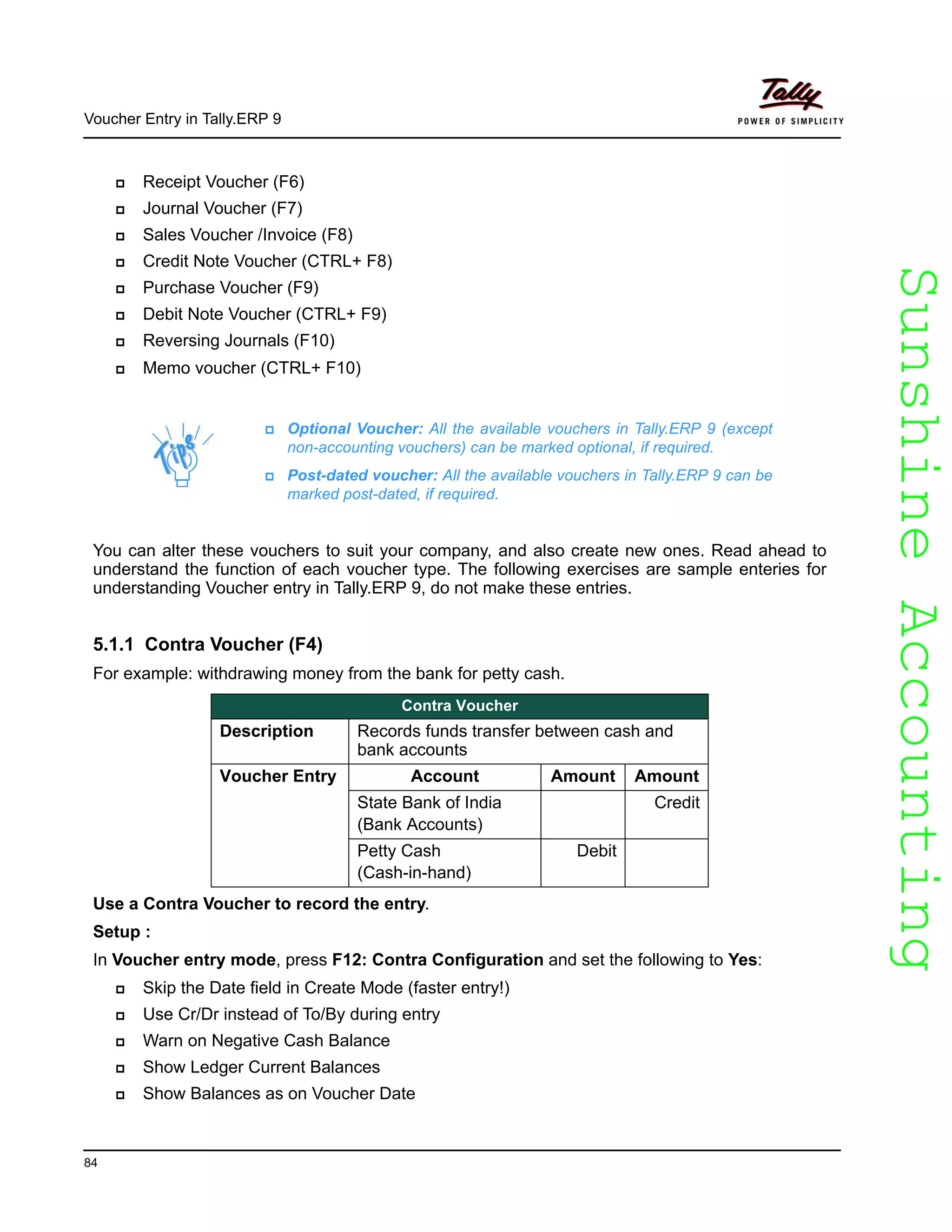 SunshineAccountingSunshineAccounting
Voucher Entry in Tally.ERP 9
84
Receipt Voucher (F6)
Journal Voucher (F7)
Sales Voucher /Invoice (F8)
Credit Note Voucher (CTRL+ F8)
Purchase Voucher (F9)
Debit Note Voucher (CTRL+ F9)
Reversing Journals (F10)
Memo voucher (CTRL+ F10)
You can alter these vouchers to suit your company, and also create new ones. Read ahead to
understand the function of each voucher type. The following exercises are sample enteries for
understanding Voucher entry in Tally.ERP 9, do not make these entries.
5.1.1 Contra Voucher (F4)
For example: withdrawing money from the bank for petty cash.
Use a Contra Voucher to record the entry.
Setup :
In Voucher entry mode, press F12: Contra Configuration and set the following to Yes:
Skip the Date field in Create Mode (faster entry!)
Use Cr/Dr instead of To/By during entry
Warn on Negative Cash Balance
Show Ledger Current Balances
Show Balances as on Voucher Date
Optional Voucher: All the available vouchers in Tally.ERP 9 (except
non-accounting vouchers) can be marked optional, if required.
Post-dated voucher: All the available vouchers in Tally.ERP 9 can be
marked post-dated, if required.
Contra Voucher
Description Records funds transfer between cash and
bank accounts
Voucher Entry Account Amount Amount
State Bank of India
(Bank Accounts)
Credit
Petty Cash
(Cash-in-hand)
Debit
 