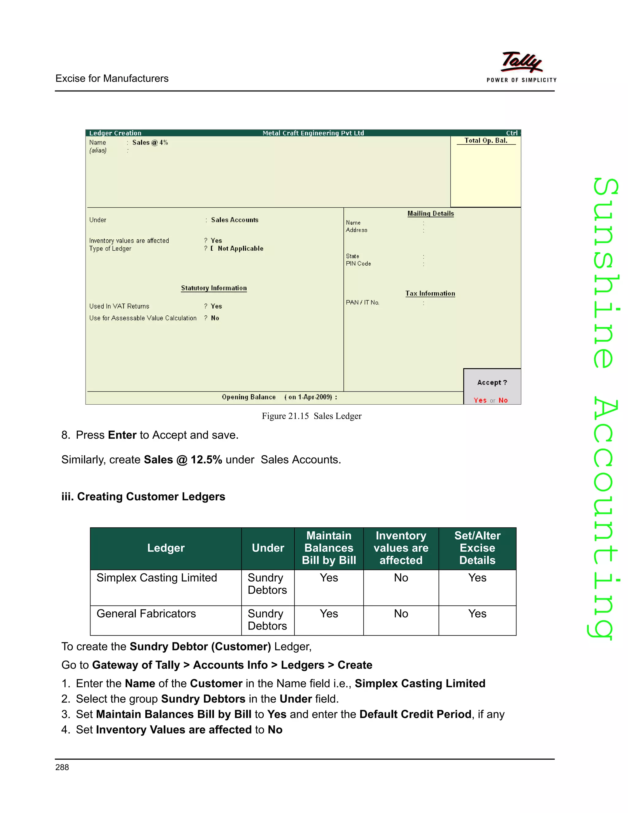 SunshineAccountingSunshineAccounting
Excise for Manufacturers
288
Figure 21.15 Sales Ledger
8. Press Enter to Accept and save.
Similarly, create Sales @ 12.5% under Sales Accounts.
iii. Creating Customer Ledgers
To create the Sundry Debtor (Customer) Ledger,
Go to Gateway of Tally > Accounts Info > Ledgers > Create
1. Enter the Name of the Customer in the Name field i.e., Simplex Casting Limited
2. Select the group Sundry Debtors in the Under field.
3. Set Maintain Balances Bill by Bill to Yes and enter the Default Credit Period, if any
4. Set Inventory Values are affected to No
Ledger Under
Maintain
Balances
Bill by Bill
Inventory
values are
affected
Set/Alter
Excise
Details
Simplex Casting Limited Sundry
Debtors
Yes No Yes
General Fabricators Sundry
Debtors
Yes No Yes
 