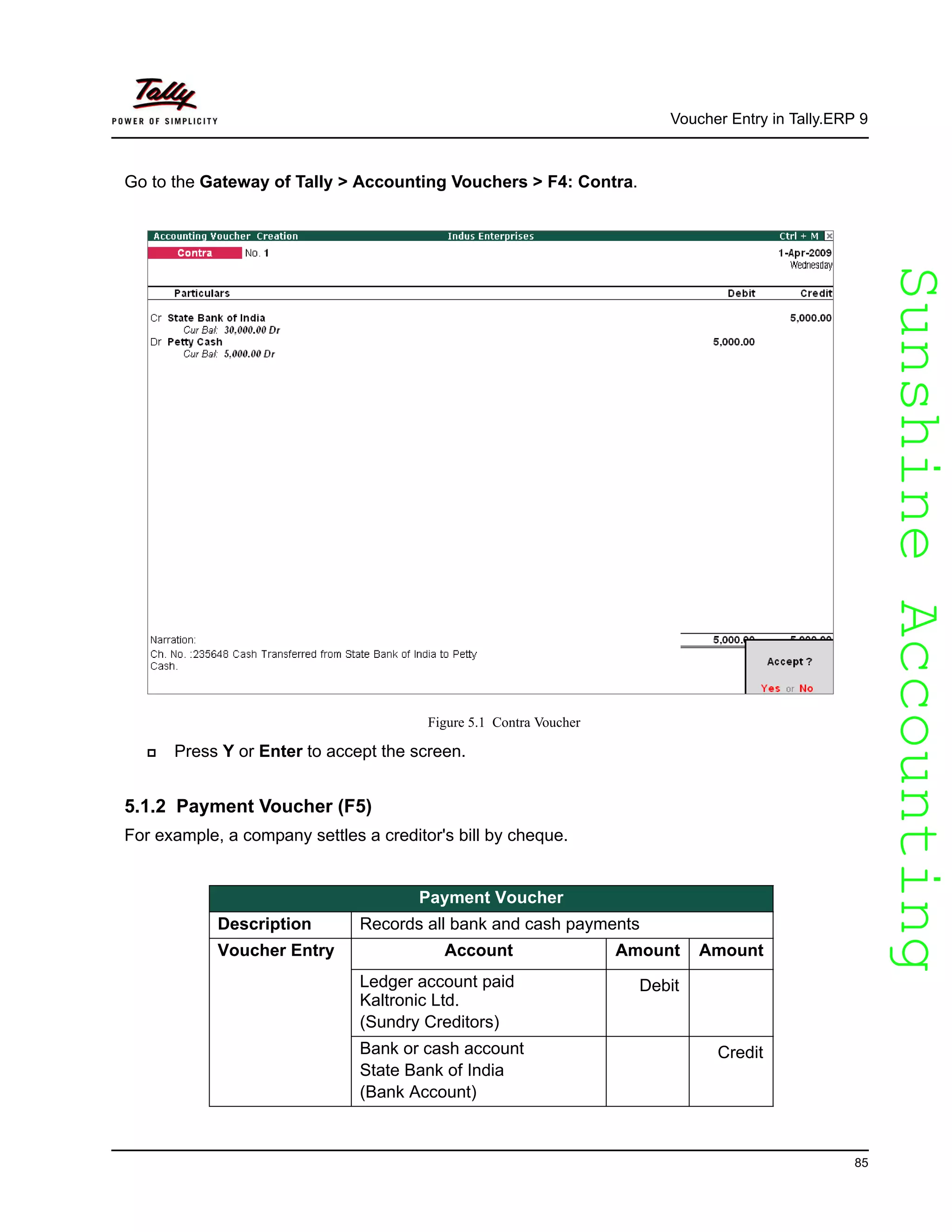 SunshineAccountingSunshineAccounting
Voucher Entry in Tally.ERP 9
85
Go to the Gateway of Tally > Accounting Vouchers > F4: Contra.
Figure 5.1 Contra Voucher
Press Y or Enter to accept the screen.
5.1.2 Payment Voucher (F5)
For example, a company settles a creditor's bill by cheque.
Payment Voucher
Description Records all bank and cash payments
Voucher Entry Account Amount Amount
Ledger account paid
Kaltronic Ltd.
(Sundry Creditors)
Debit
Bank or cash account
State Bank of India
(Bank Account)
Credit
 
